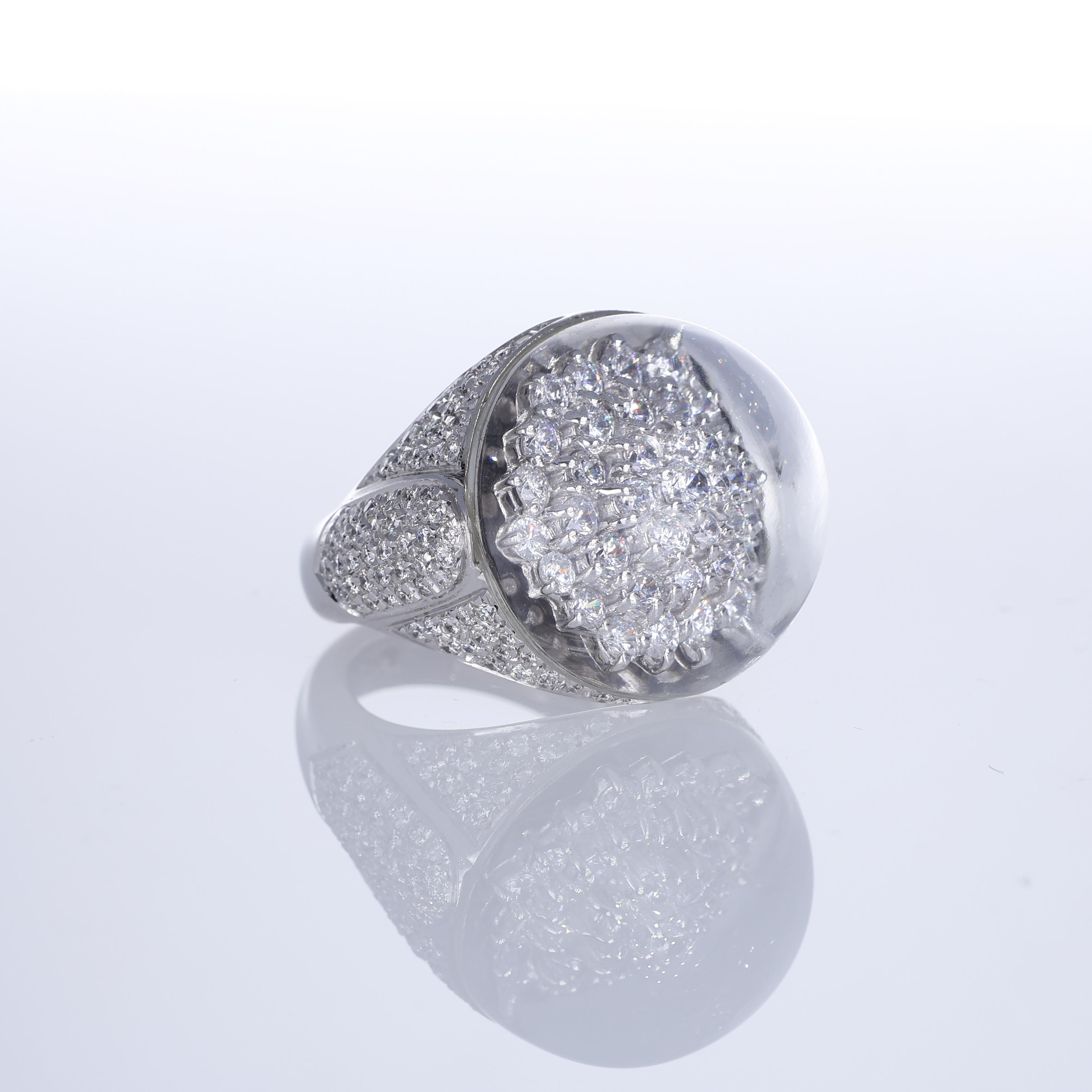 Brilliant Cut 18K White Gold Dome Ring with Snowflake Pavé Diamonds For Sale