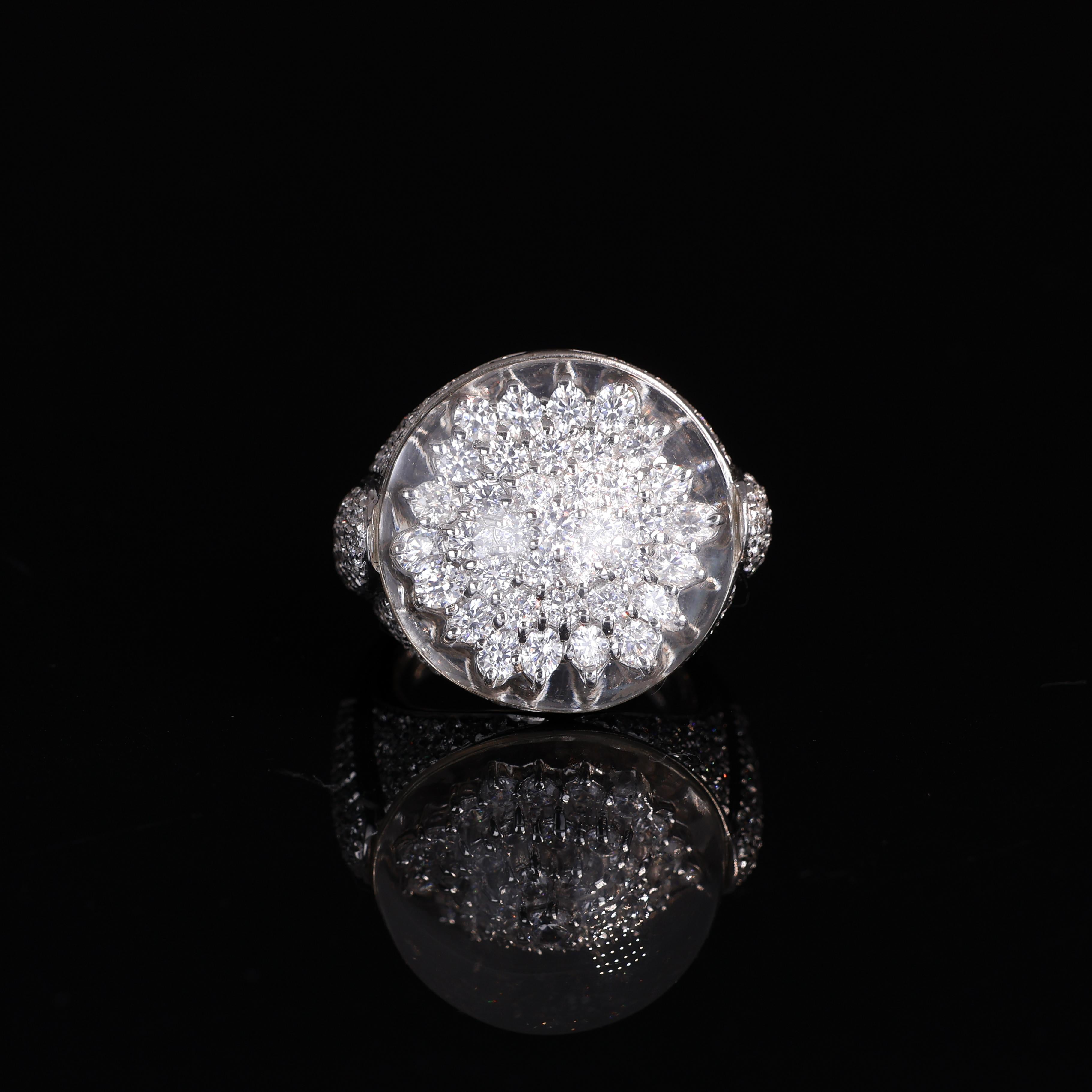 18K White Gold Dome Ring with Snowflake Pavé Diamonds For Sale 1