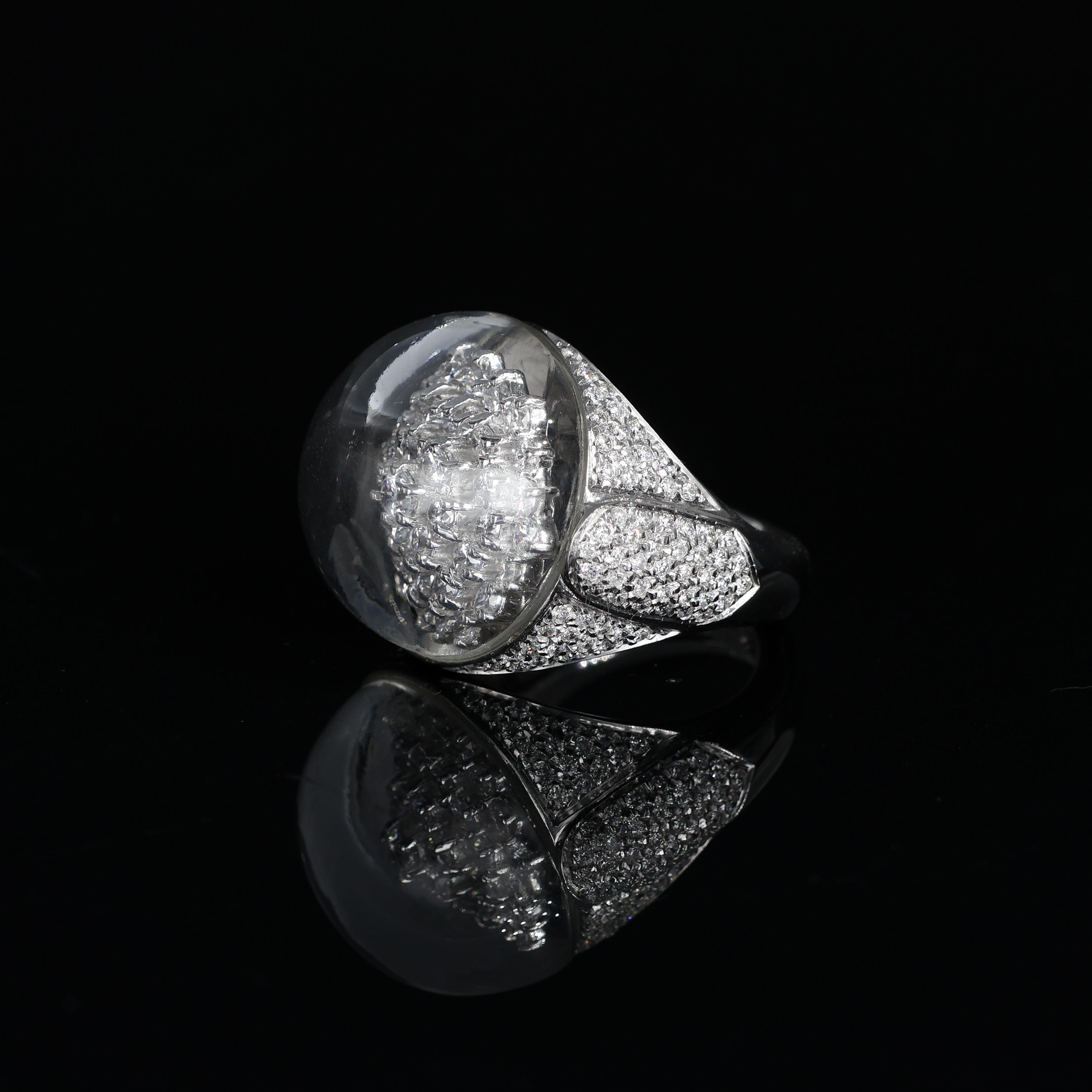 18K White Gold Dome Ring with Snowflake Pavé Diamonds For Sale 3