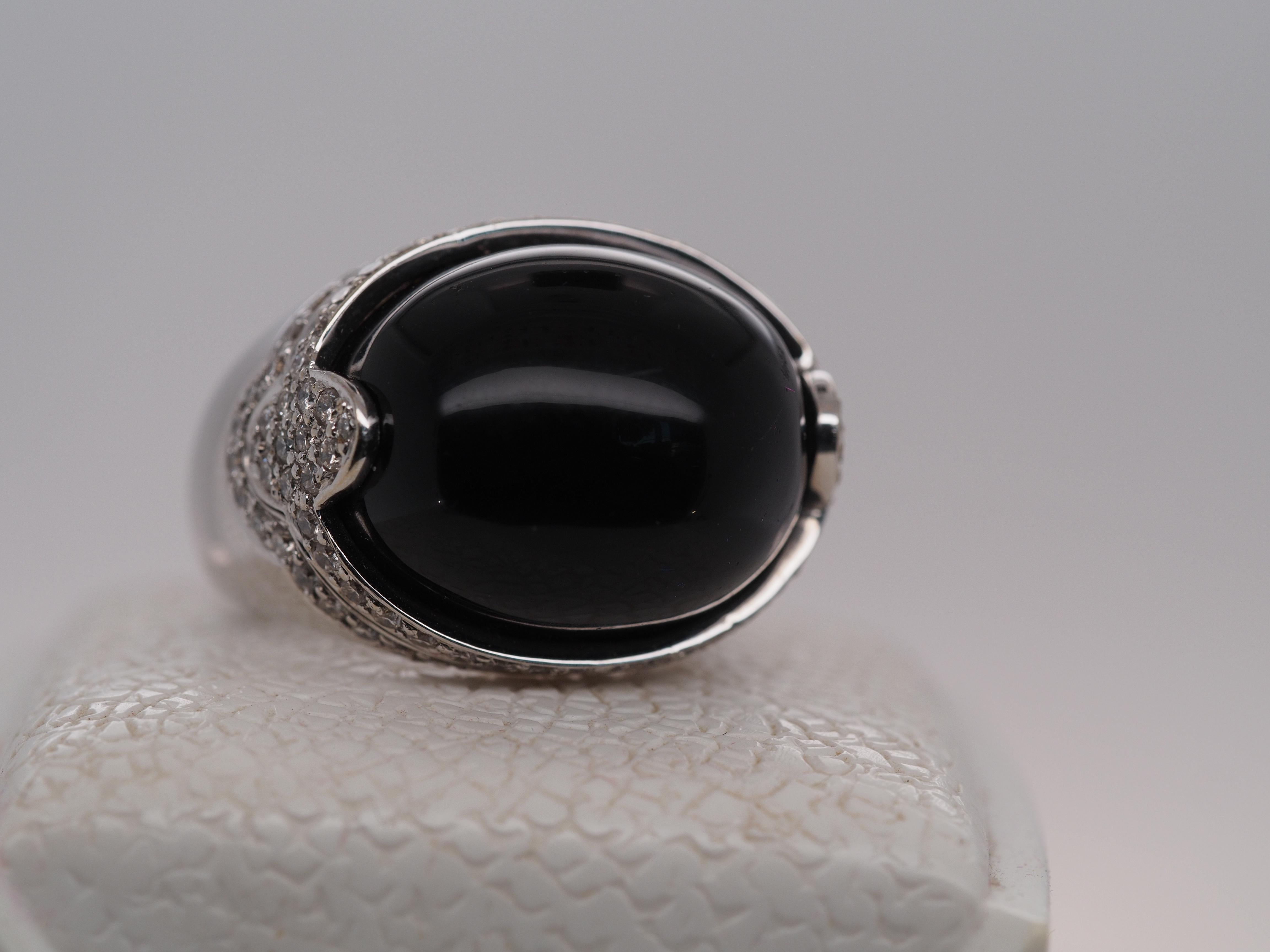 Contemporary 18k White Gold Domed Onyx and Diamond Statement Ring For Sale