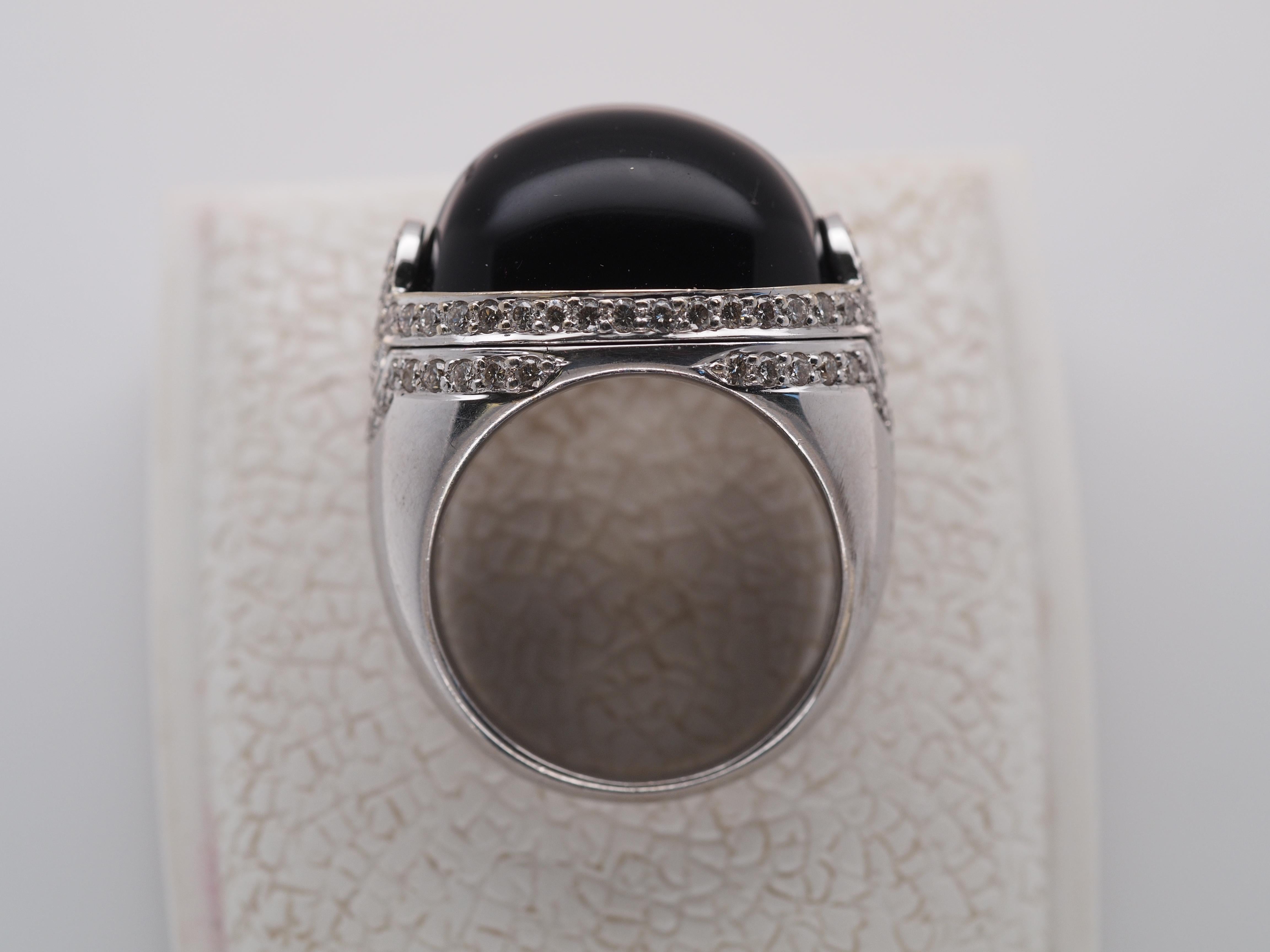 Women's or Men's 18k White Gold Domed Onyx and Diamond Statement Ring For Sale