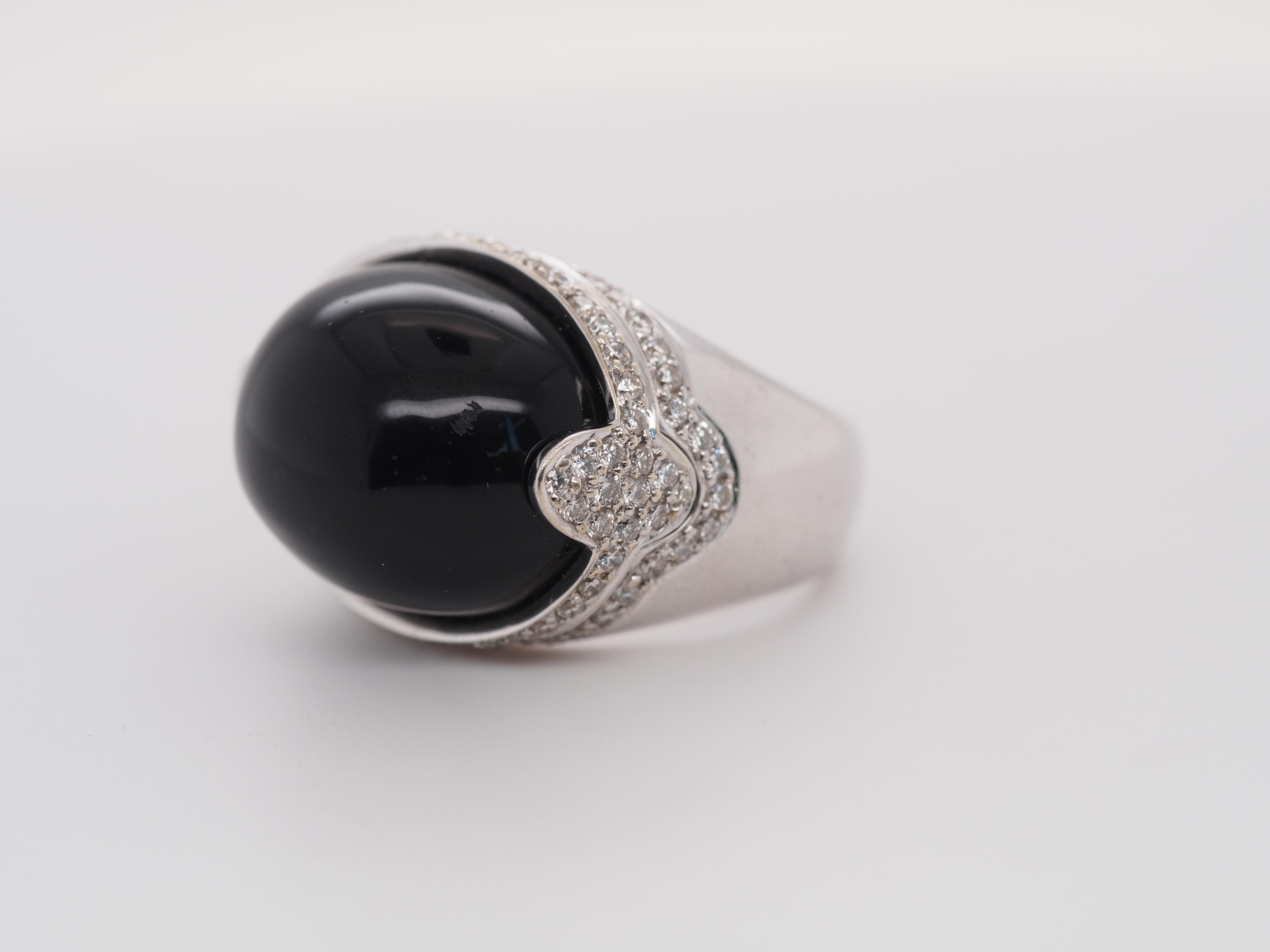 18k White Gold Domed Onyx and Diamond Statement Ring For Sale