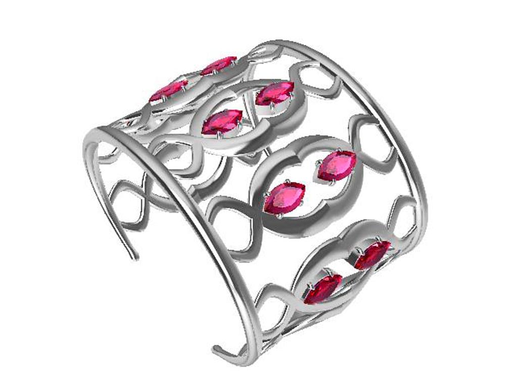 18k White Gold Double Arabesque Cuff Bracelet with Rubies 