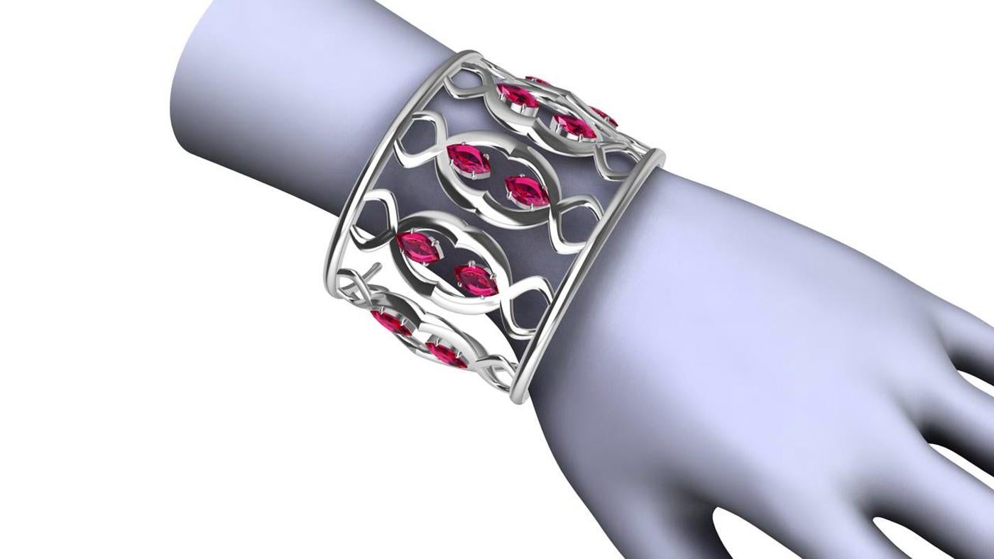 Contemporary 18 Karat White Gold Double Arabesque Cuff Bracelet with Rubies For Sale