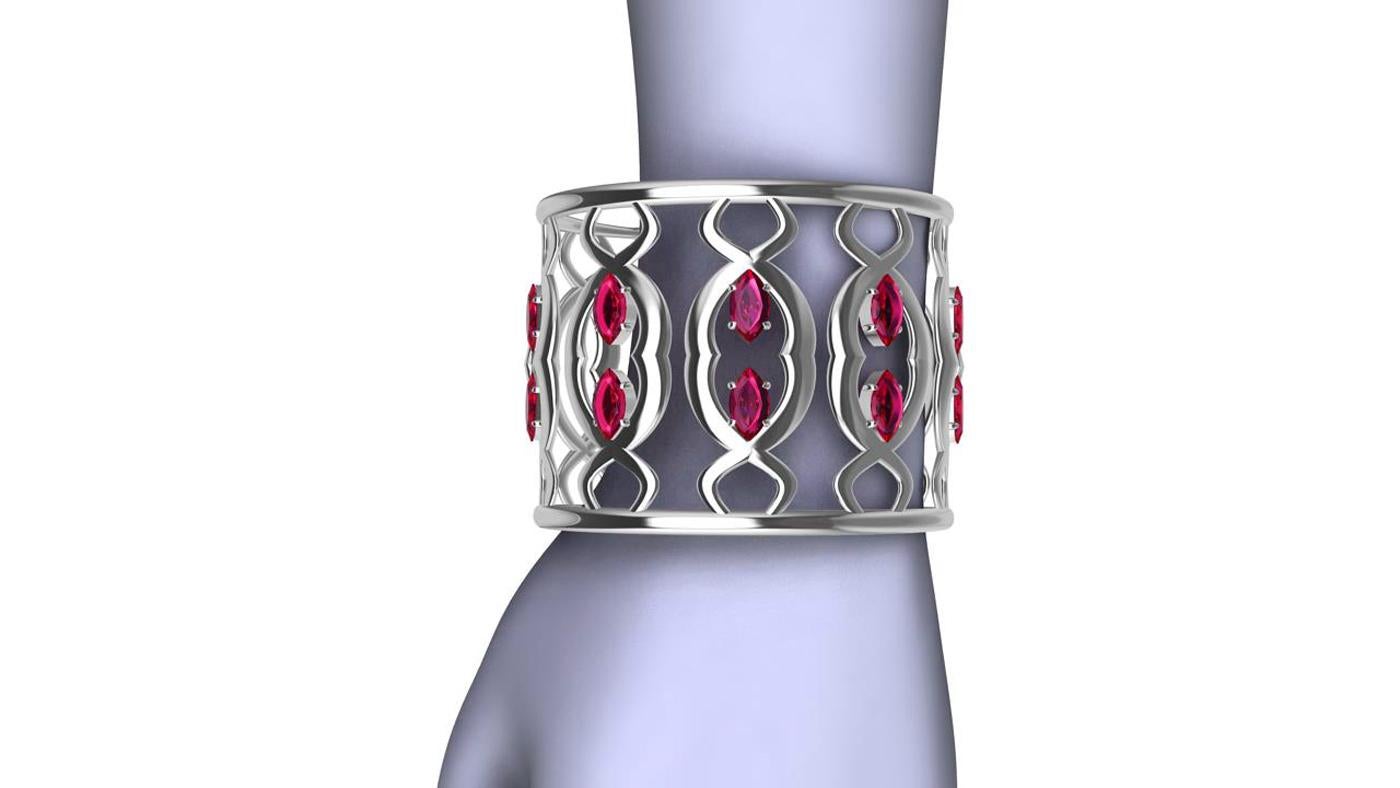 Marquise Cut 18 Karat White Gold Double Arabesque Cuff Bracelet with Rubies For Sale