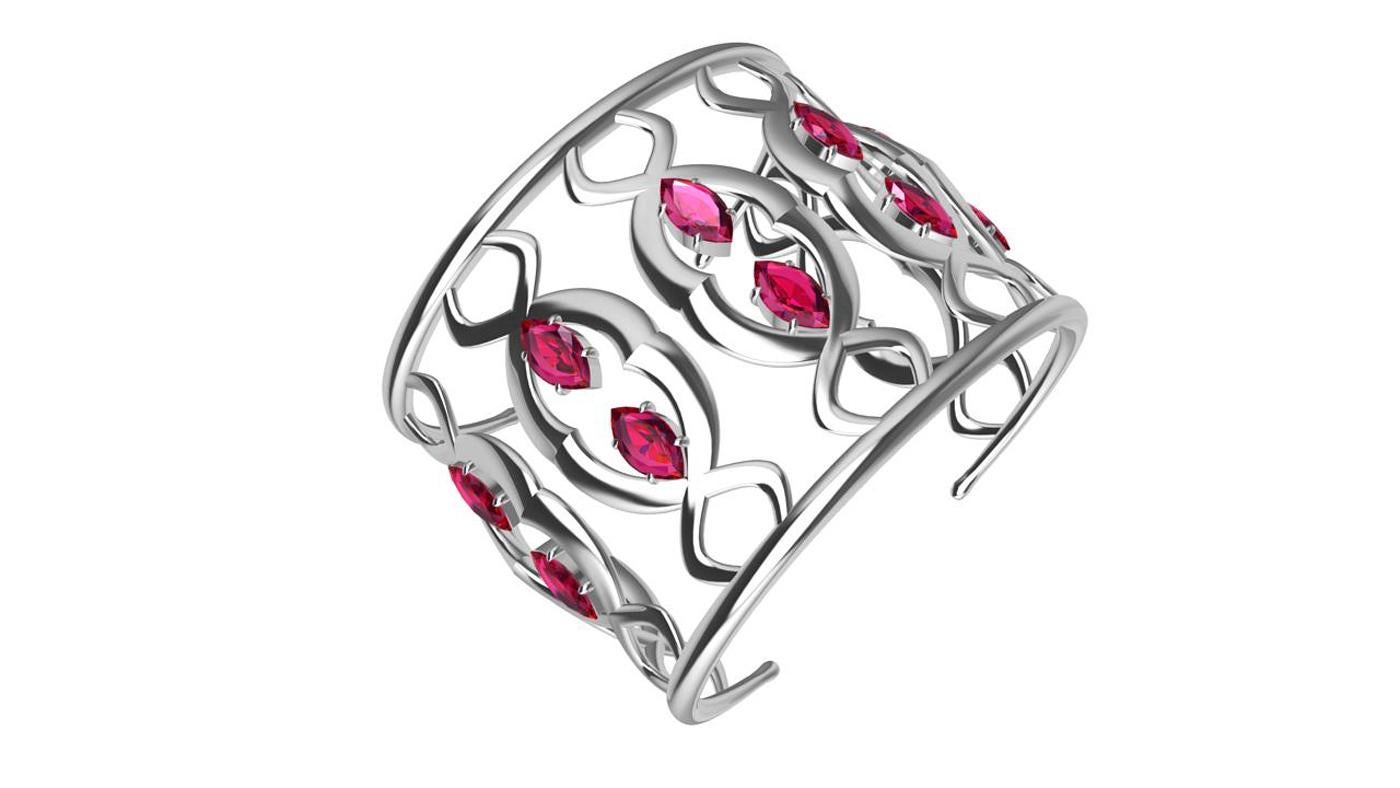 18 Karat White Gold Double Arabesque Cuff Bracelet with Rubies In New Condition For Sale In New York, NY