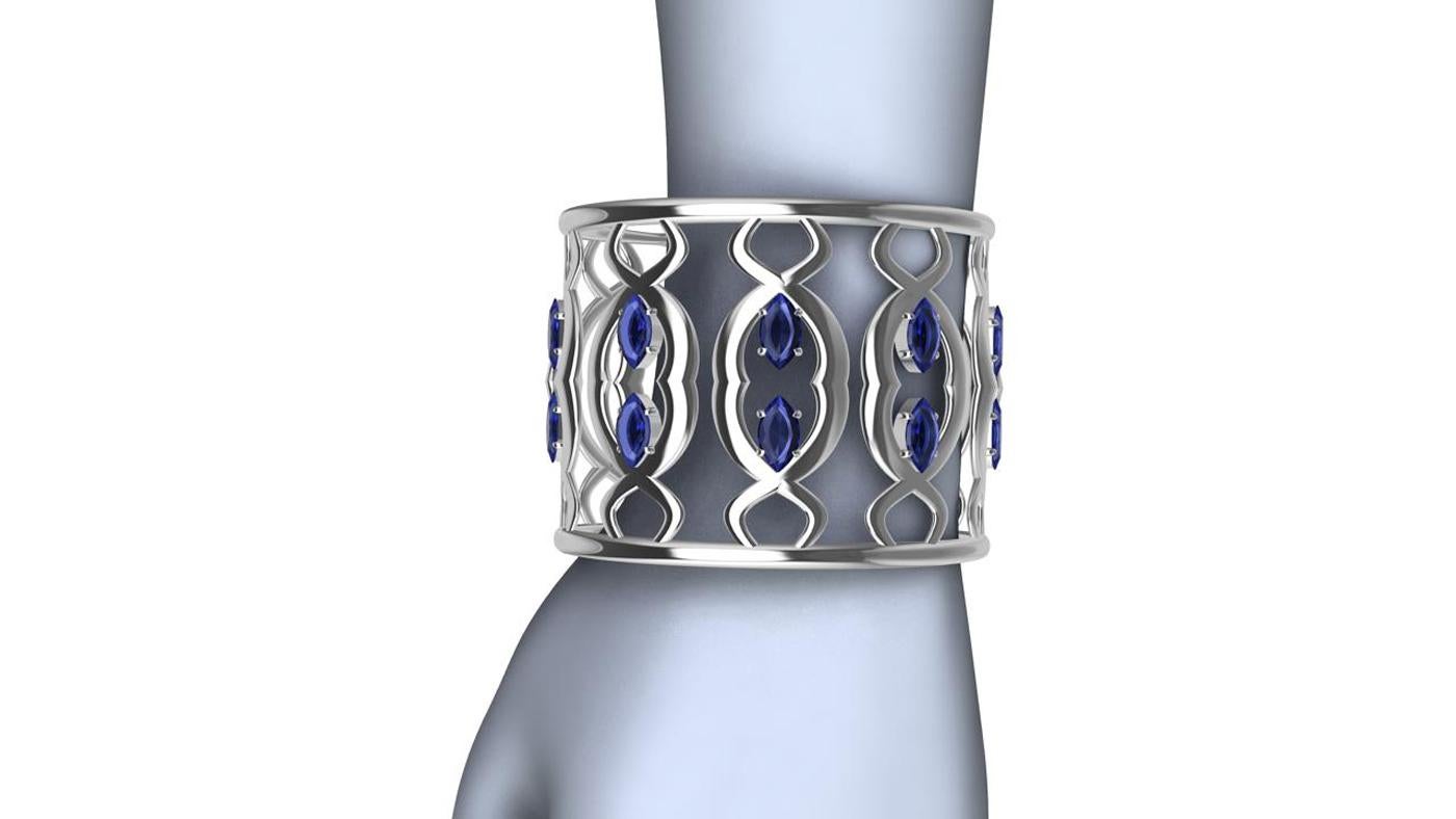 Contemporary 18 Karat White Gold Double Arabesque Cuff Bracelet with Sapphires For Sale