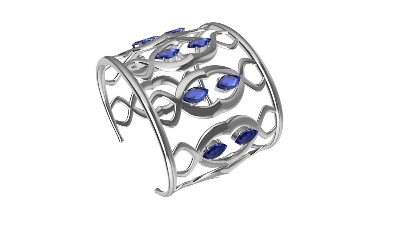 18 Karat White Gold Double Arabesque Cuff Bracelet with Sapphires In New Condition For Sale In New York, NY