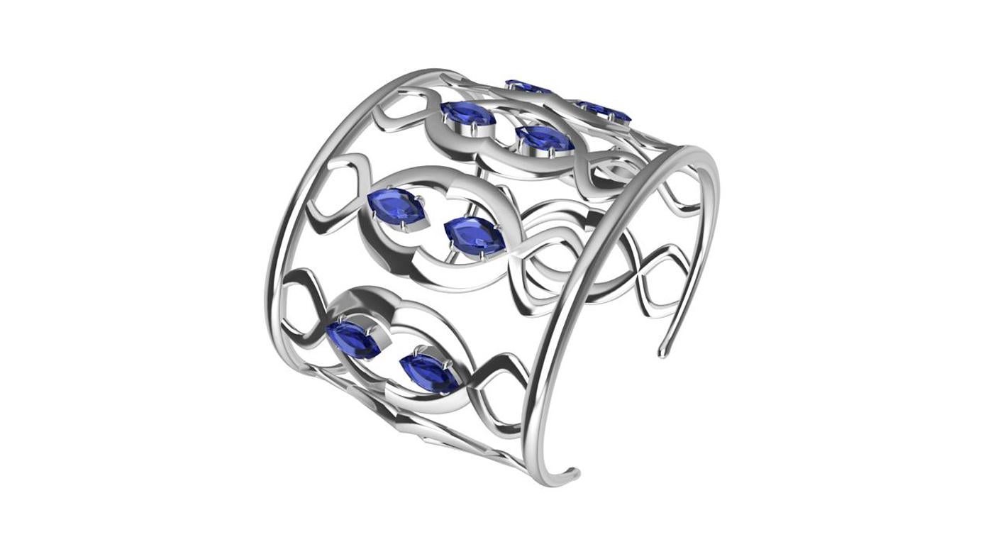 Women's 18 Karat White Gold Double Arabesque Cuff Bracelet with Sapphires For Sale