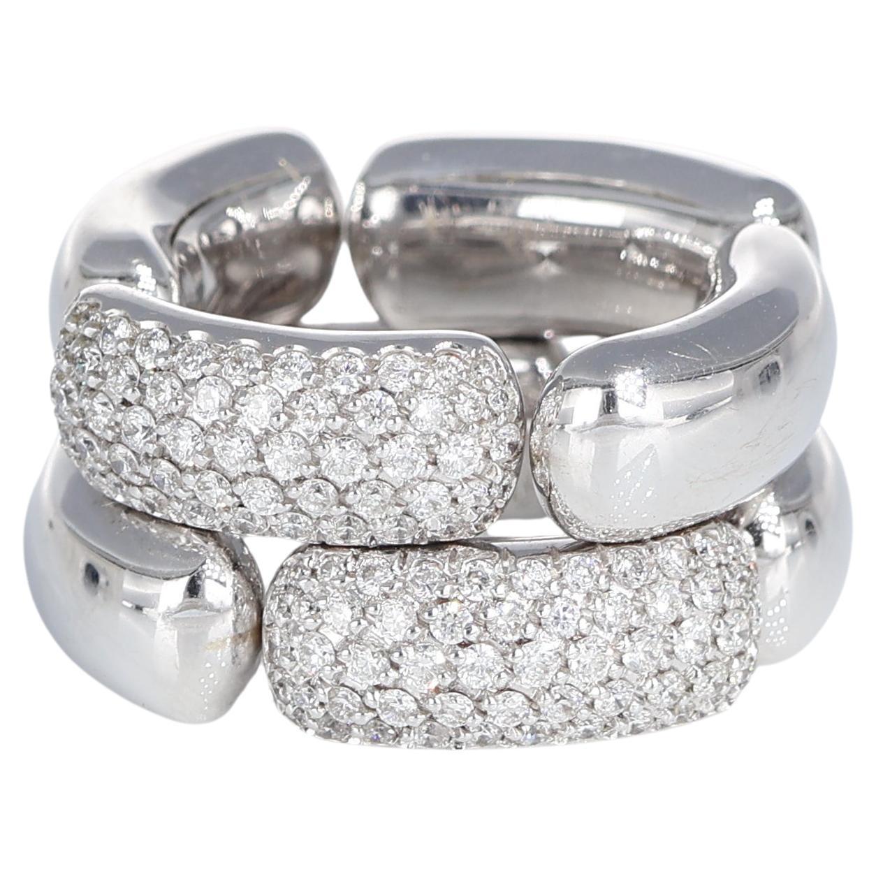 18k White Gold Double Chain Ring with Pavé White Diamonds 0.74 carats