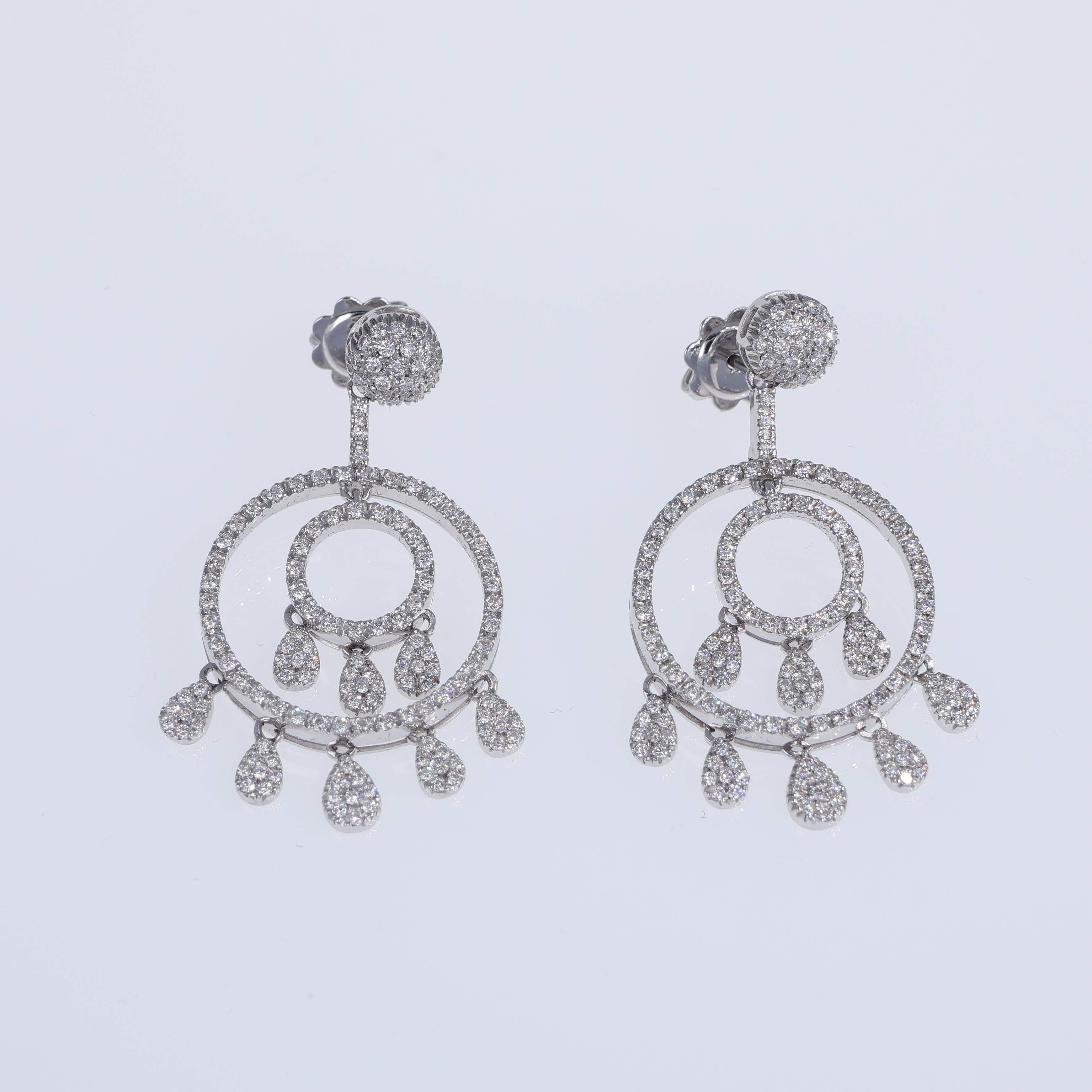Brilliant Cut 18K White Gold Double Circle Drop Earrings with Diamonds For Sale