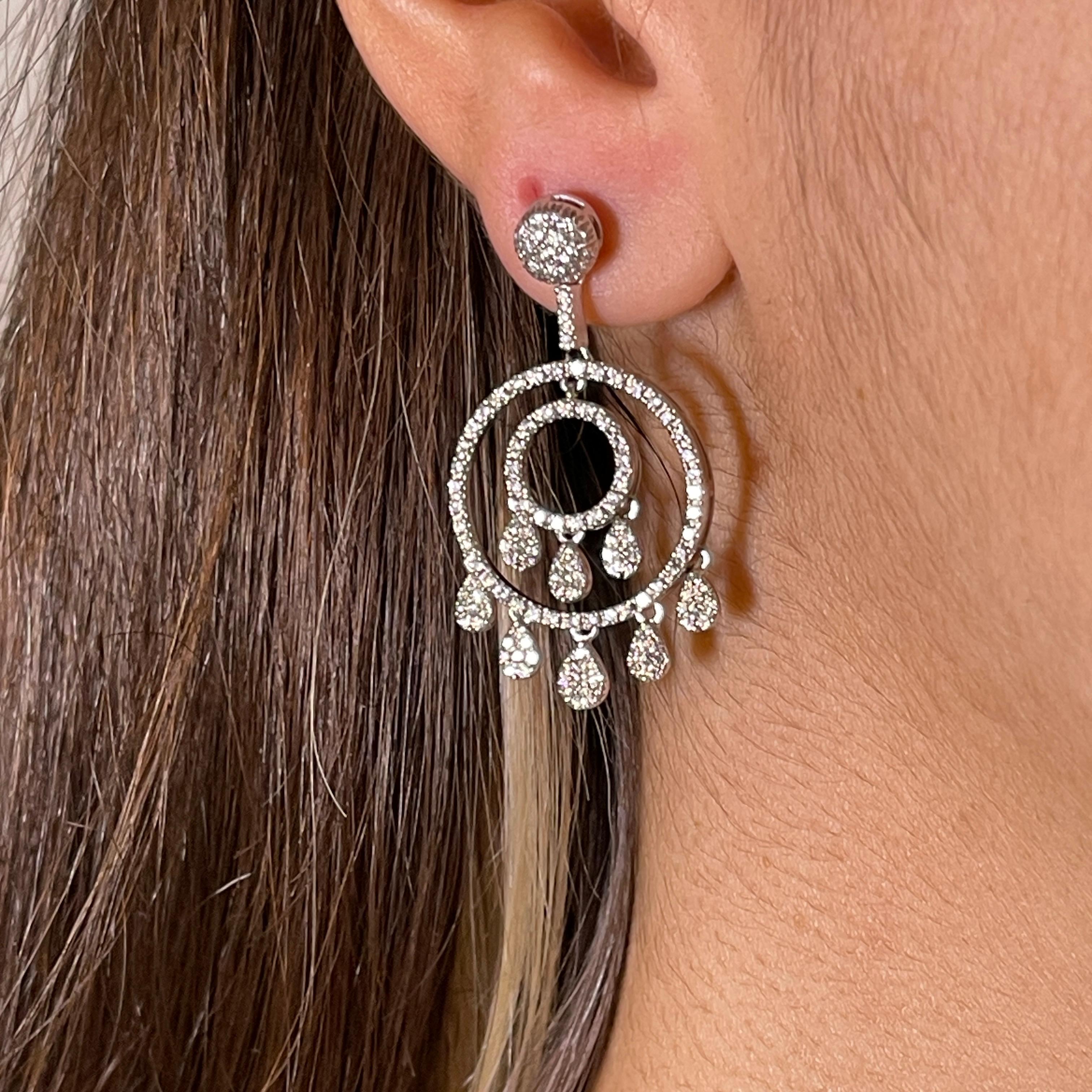 18K White Gold Double Circle Drop Earrings with Diamonds For Sale 3