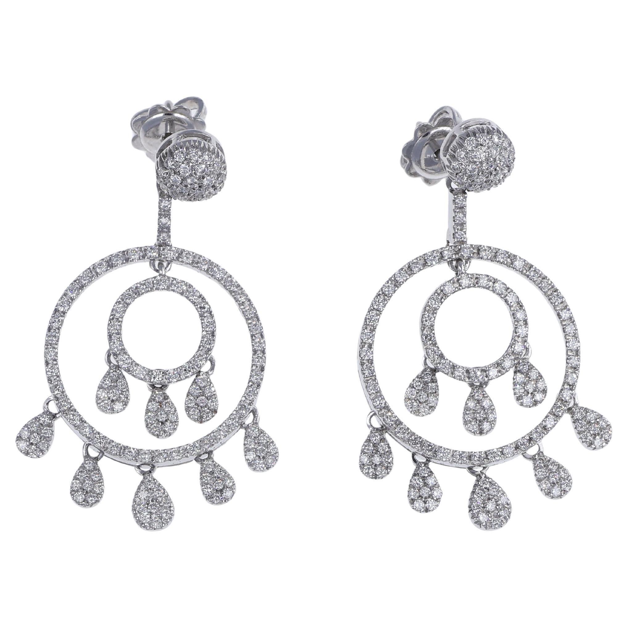 18K White Gold Double Circle Drop Earrings with Diamonds For Sale