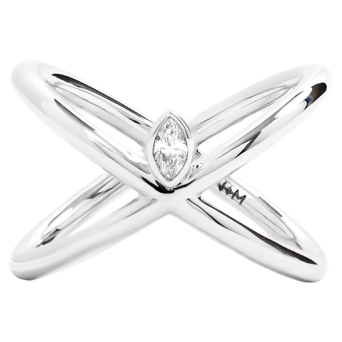 18K White Gold Double Cross Band Ring with Marquise Diamond For Sale