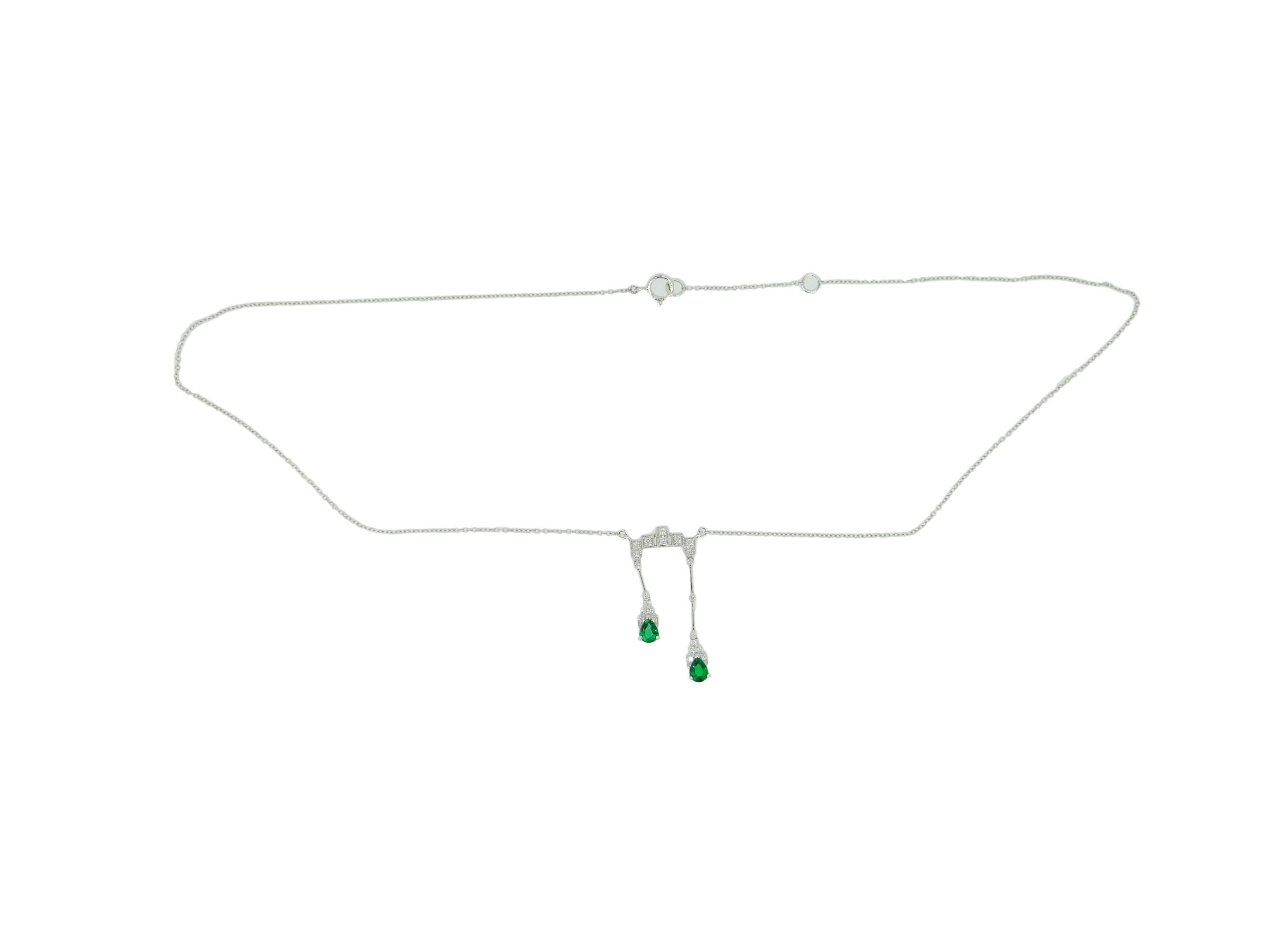Contemporary 18k White Gold Double Drop Genuine Natural Emerald and Diamond Necklace '#J4715' For Sale