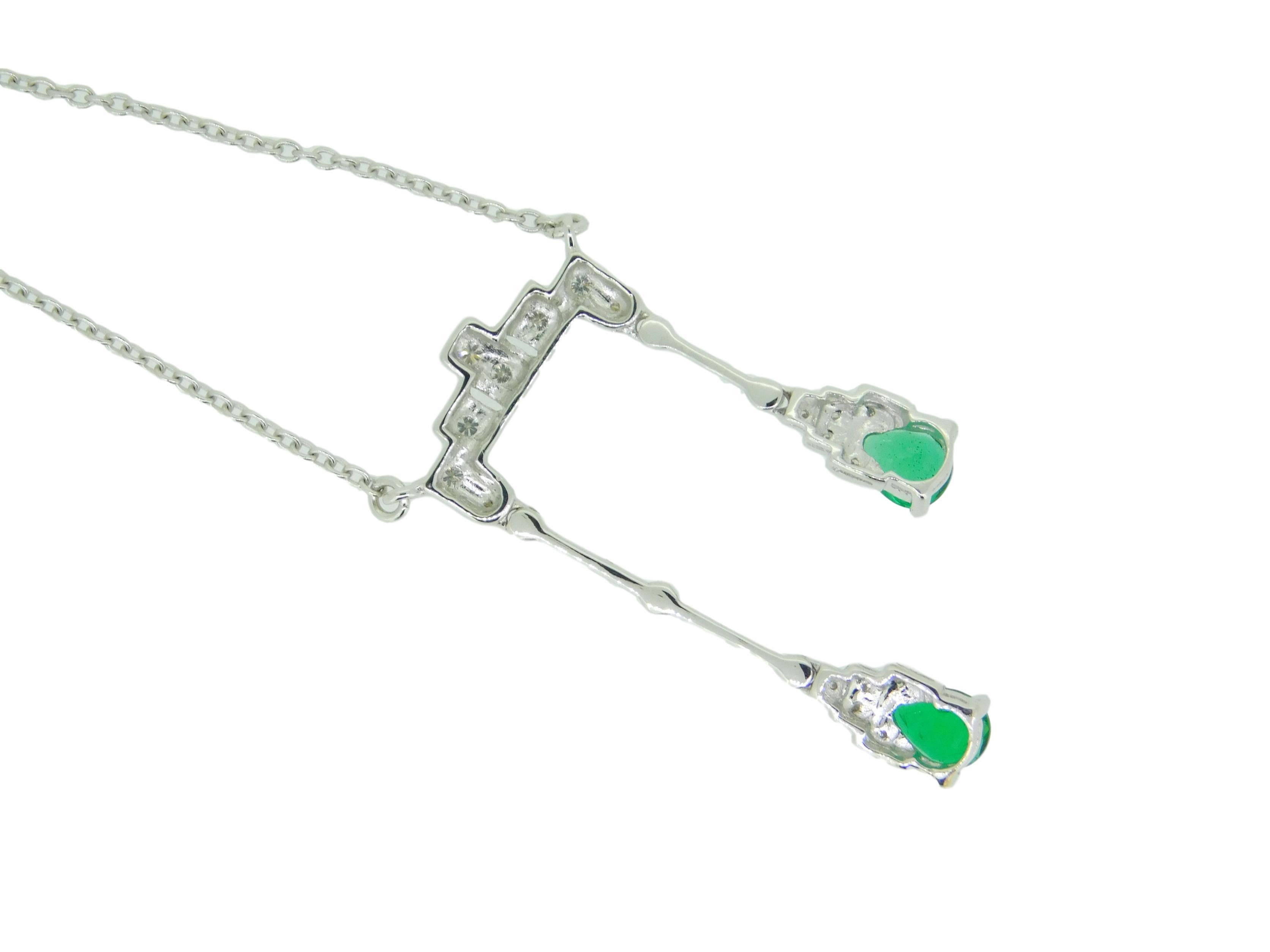 Emerald Cut 18k White Gold Double Drop Genuine Natural Emerald and Diamond Necklace '#J4715' For Sale