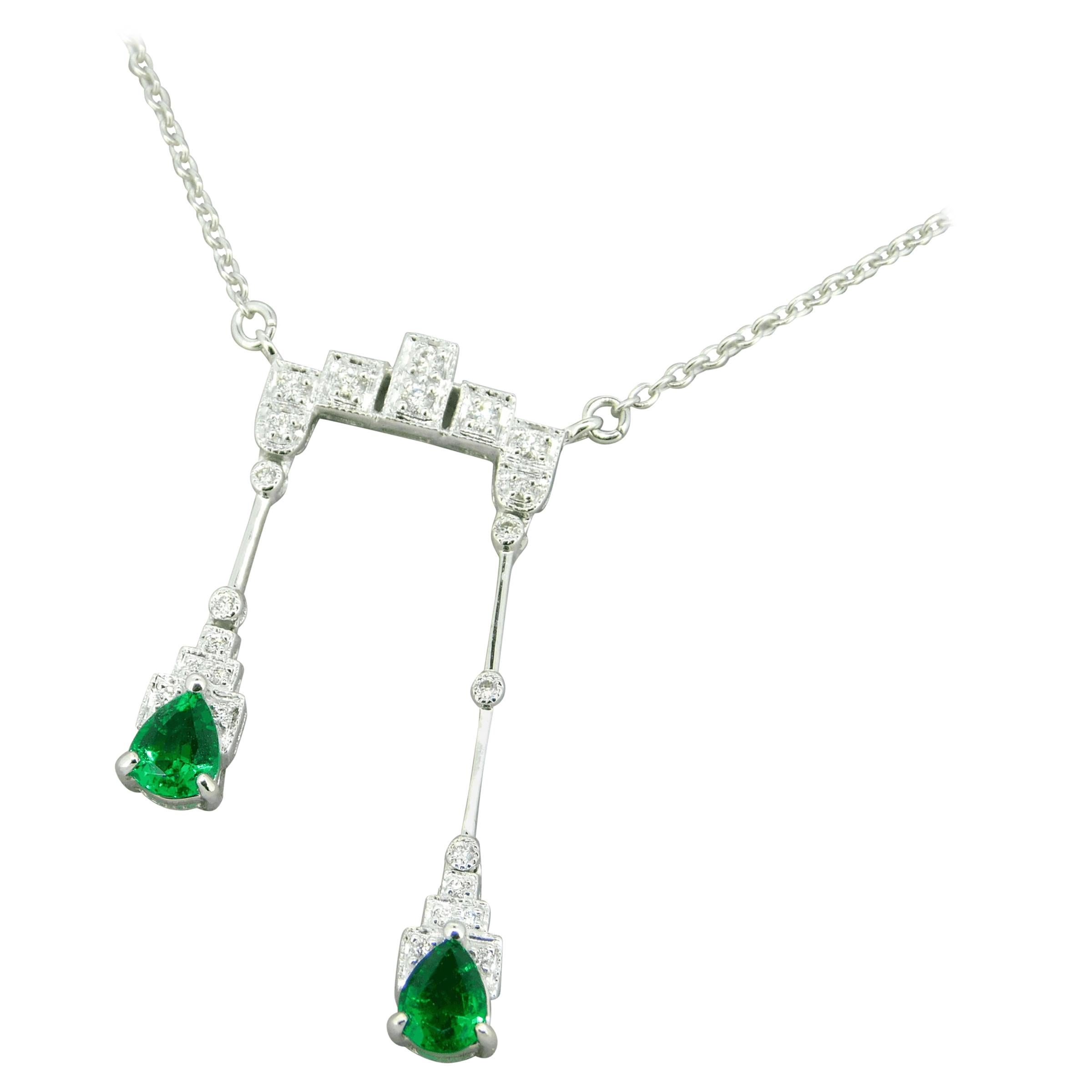 18k White Gold Double Drop Genuine Natural Emerald and Diamond Necklace '#J4715' For Sale