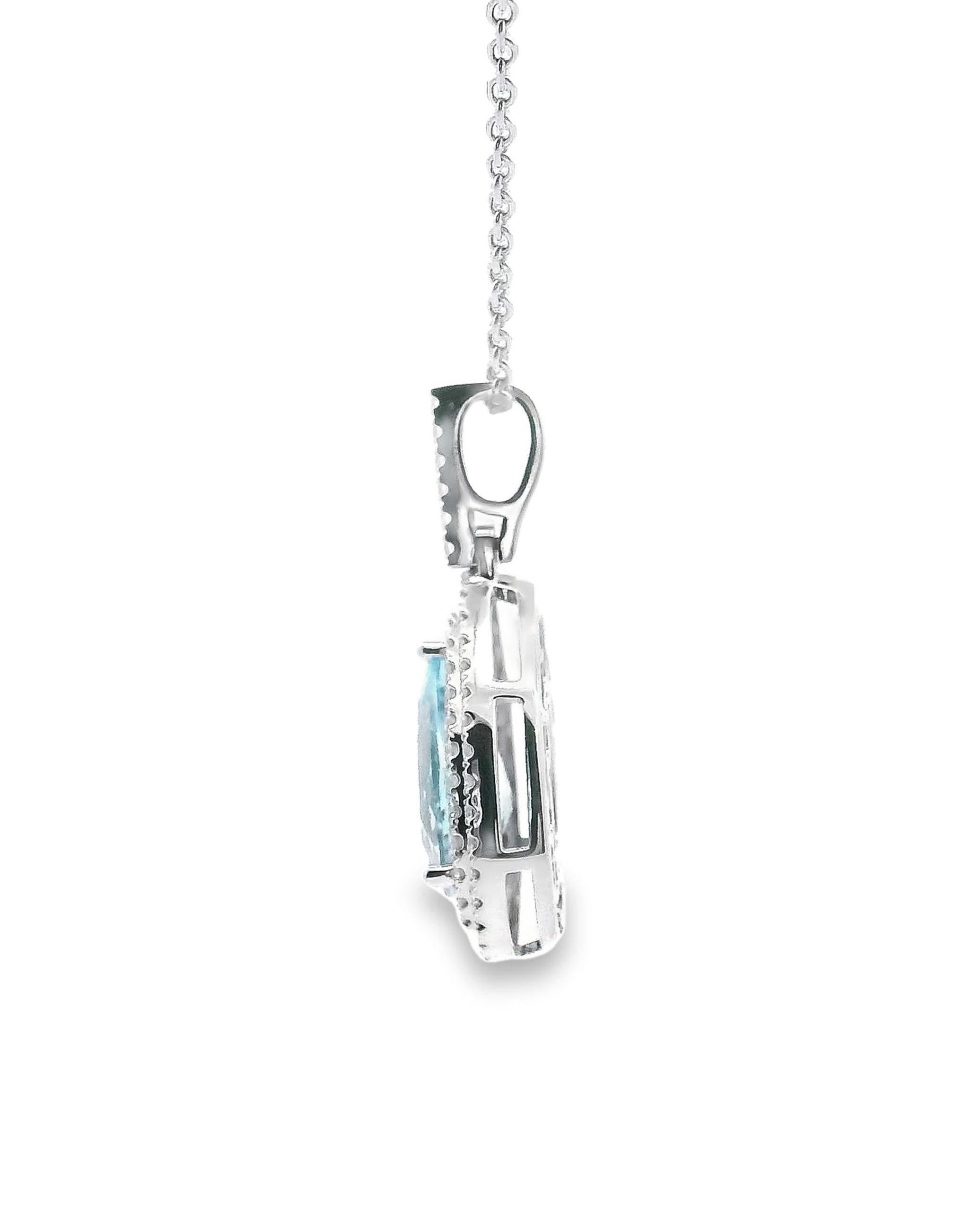 Contemporary 18K White Gold Double Halo Aquamarine and Diamond Necklace For Sale