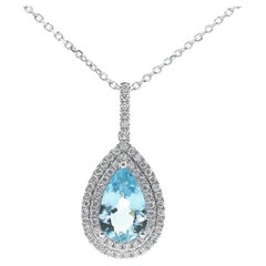 18K White Gold Double Halo Aquamarine and Diamond Necklace