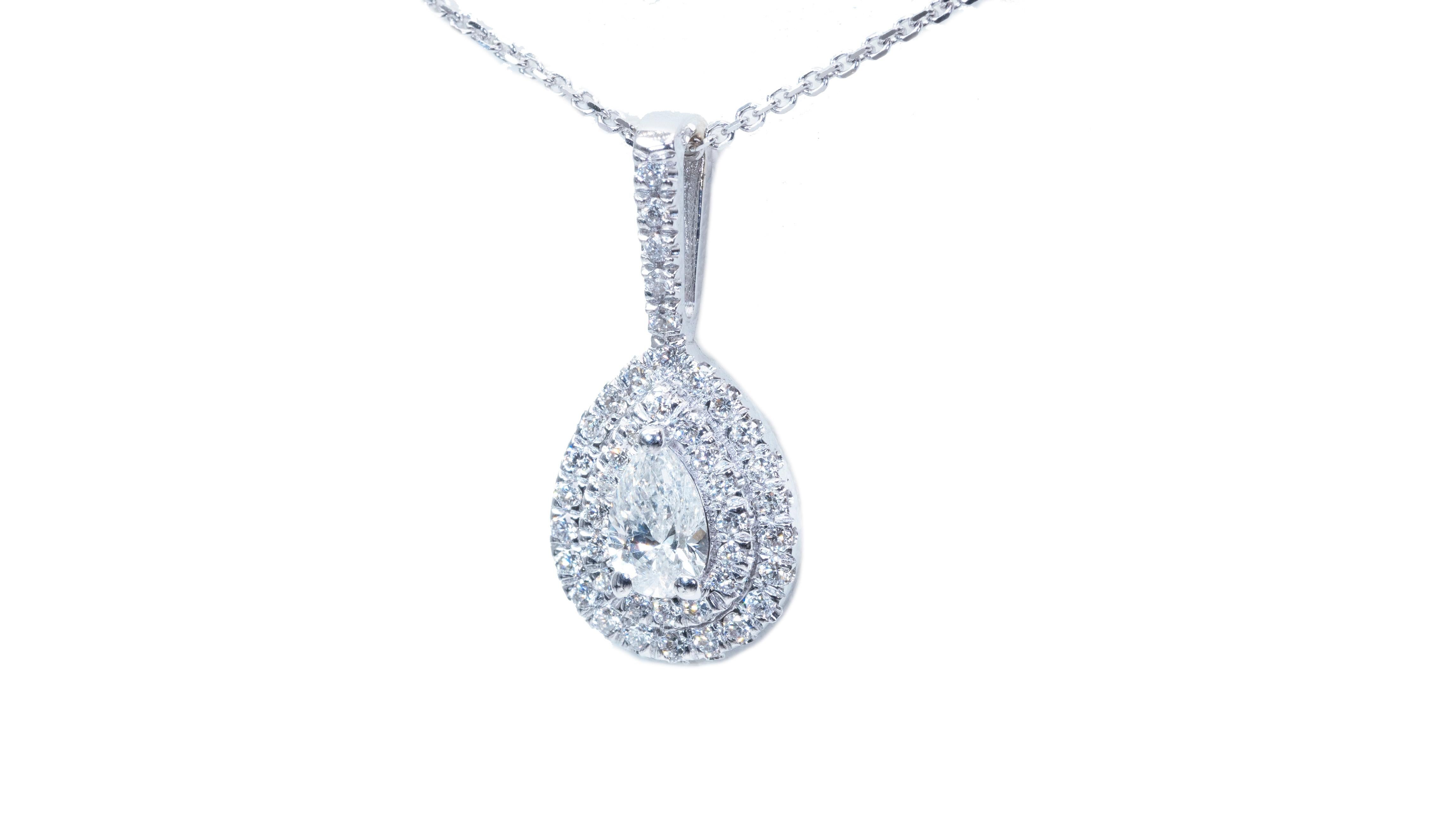 Modern 18k White gold Double Halo Pendant with Chain with 0.45 Natural Diamond-AIG Cert