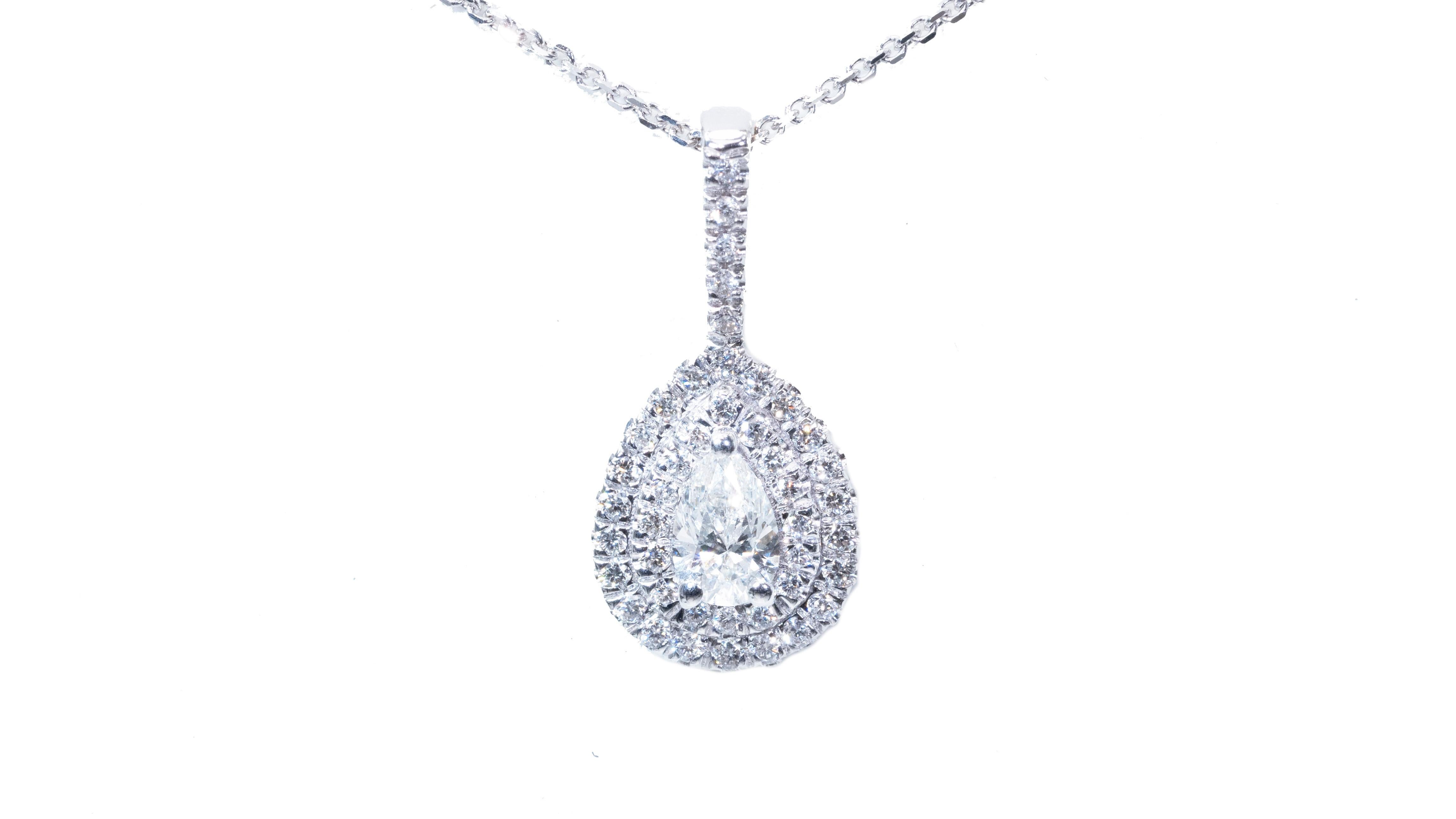 Pear Cut 18k White gold Double Halo Pendant with Chain with 0.45 Natural Diamond-AIG Cert