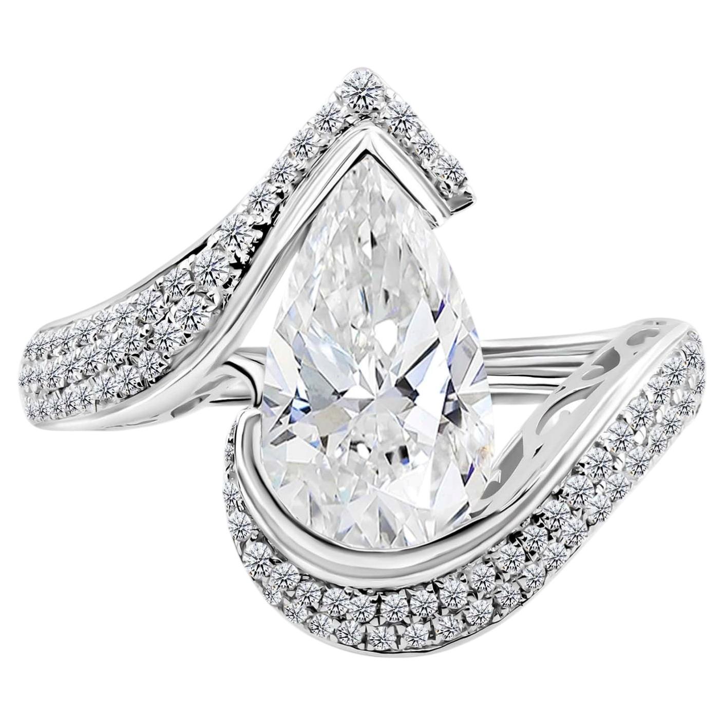 For Sale:  18K White Gold Double Pavé Band Ring 2.4 Ct. Pear Cut Diamond Statement Jewelry