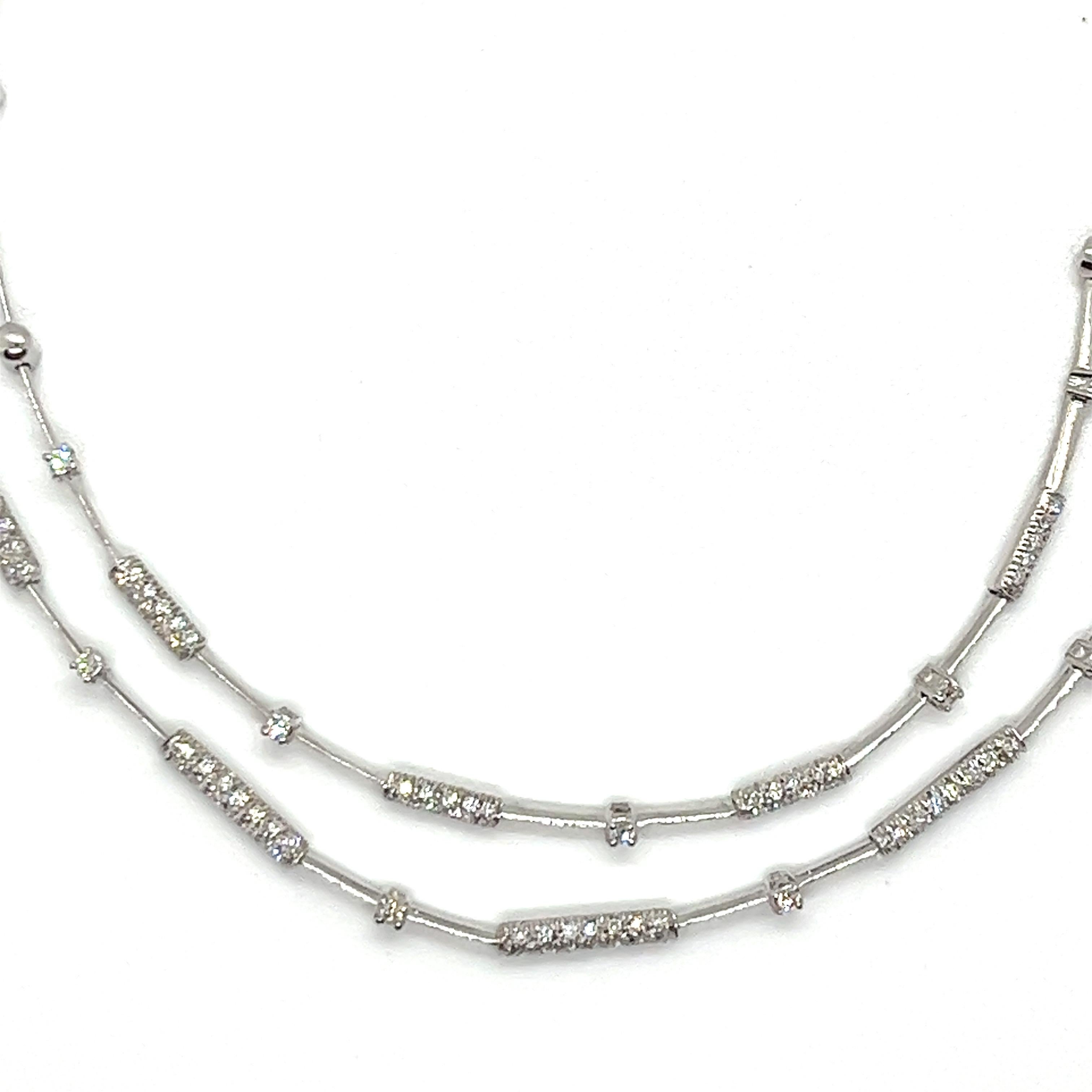 Round Cut 18K White Gold Double Row Diamond Necklace For Sale