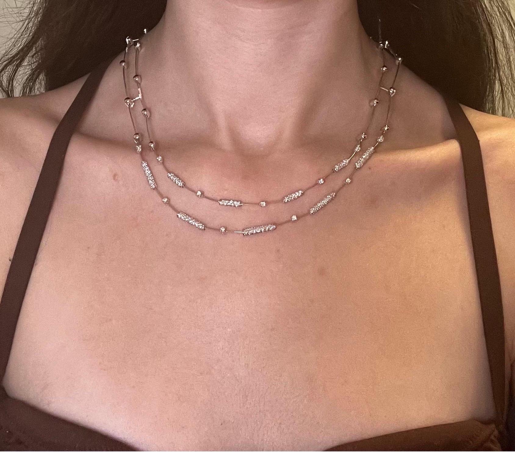18K White Gold Double Row Diamond Necklace For Sale 2