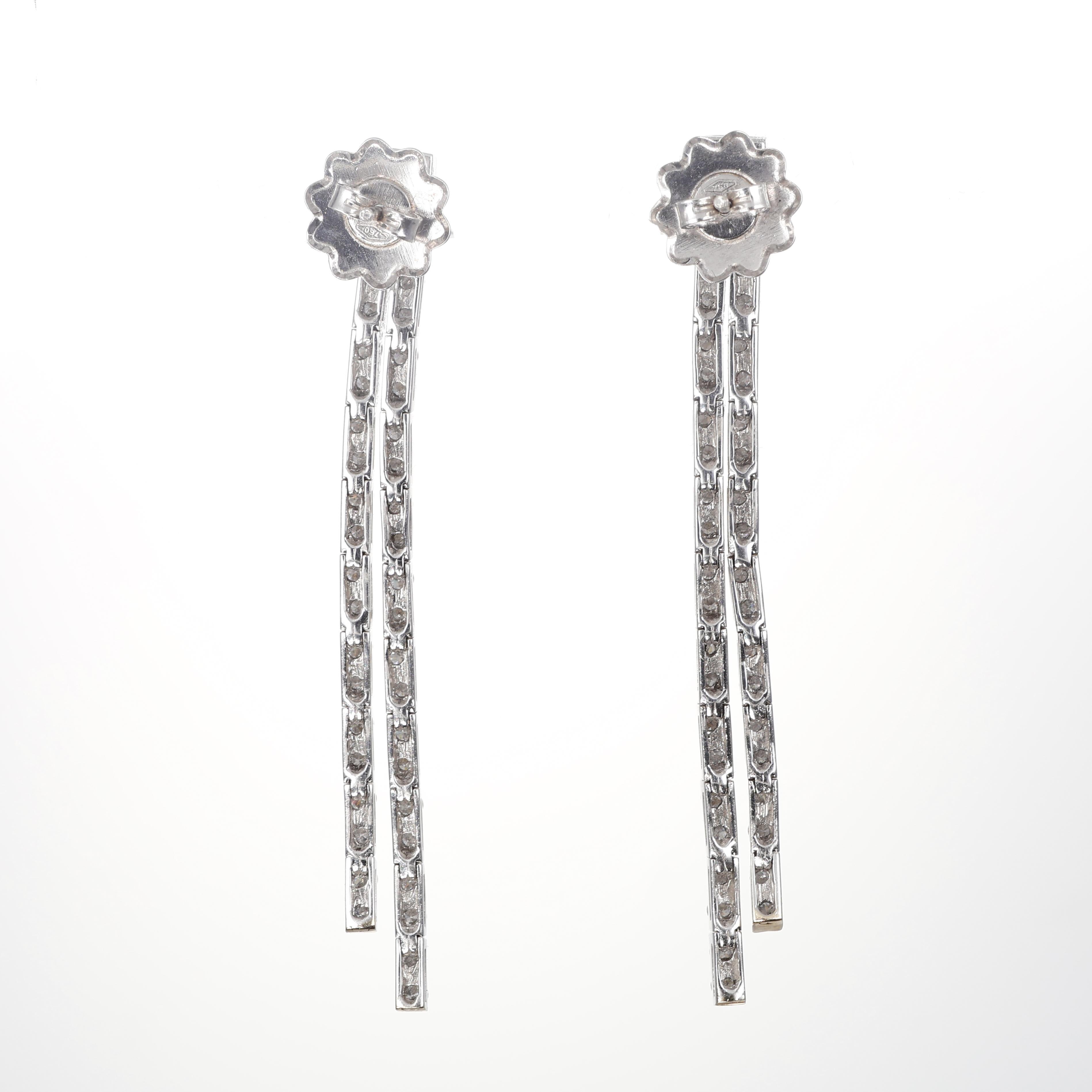 Brilliant Cut 18K White Gold Double Strand Diamond Drop Earrings For Sale