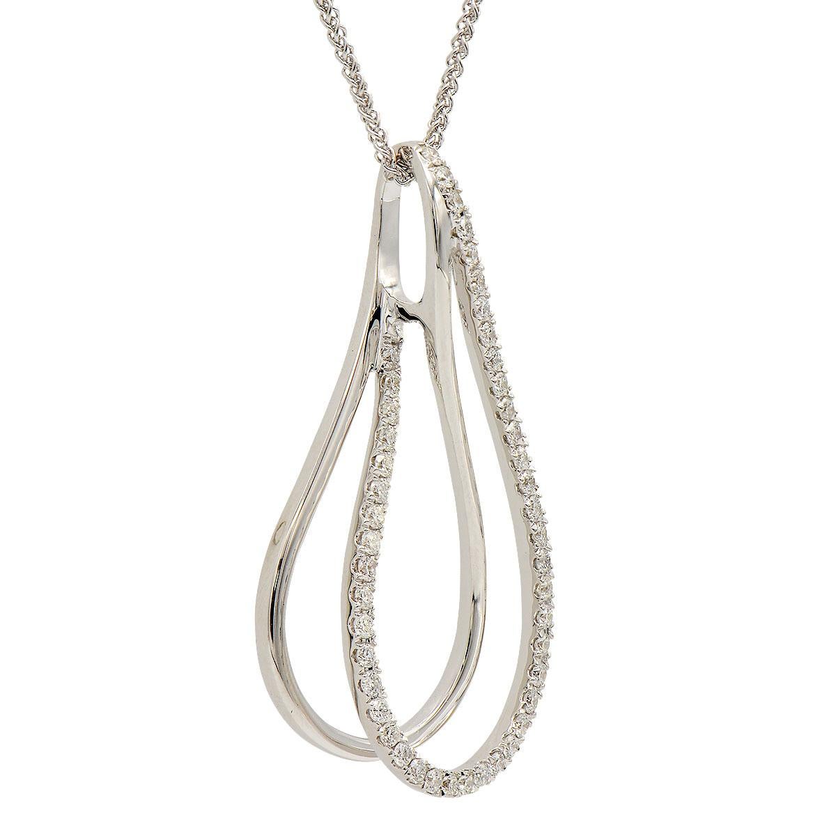 This beautiful pendant is made of 46 round VS2, G color diamonds totaling 0.36 carats to create a unique layered tear-drop design. The diamonds are set in 2.8 grams of 18 karat white gold. An 18 inch, 18 karat white gold chain is included as well.