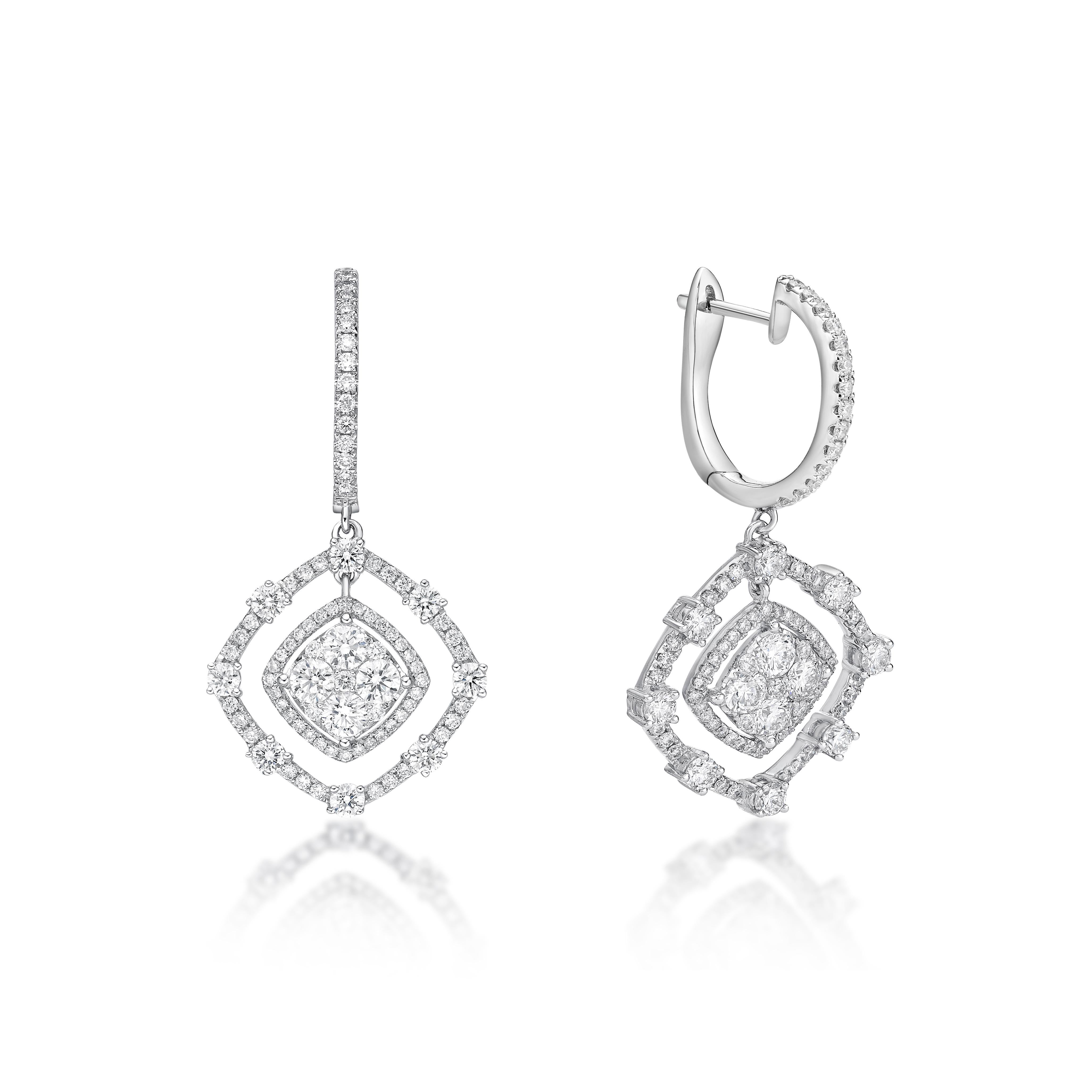 These shimmering drop earrings are a terrific finish to an already-beautiful anytime looks. Crafted in 18K white gold, each earring features in sparkling diamonds. Buffed to a brilliant luster, these earrings secure with lever backs.

This earring