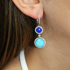 18k White Gold Drop Earrings with White Topaz, Turquoise Lapis Lazuli & Diamonds