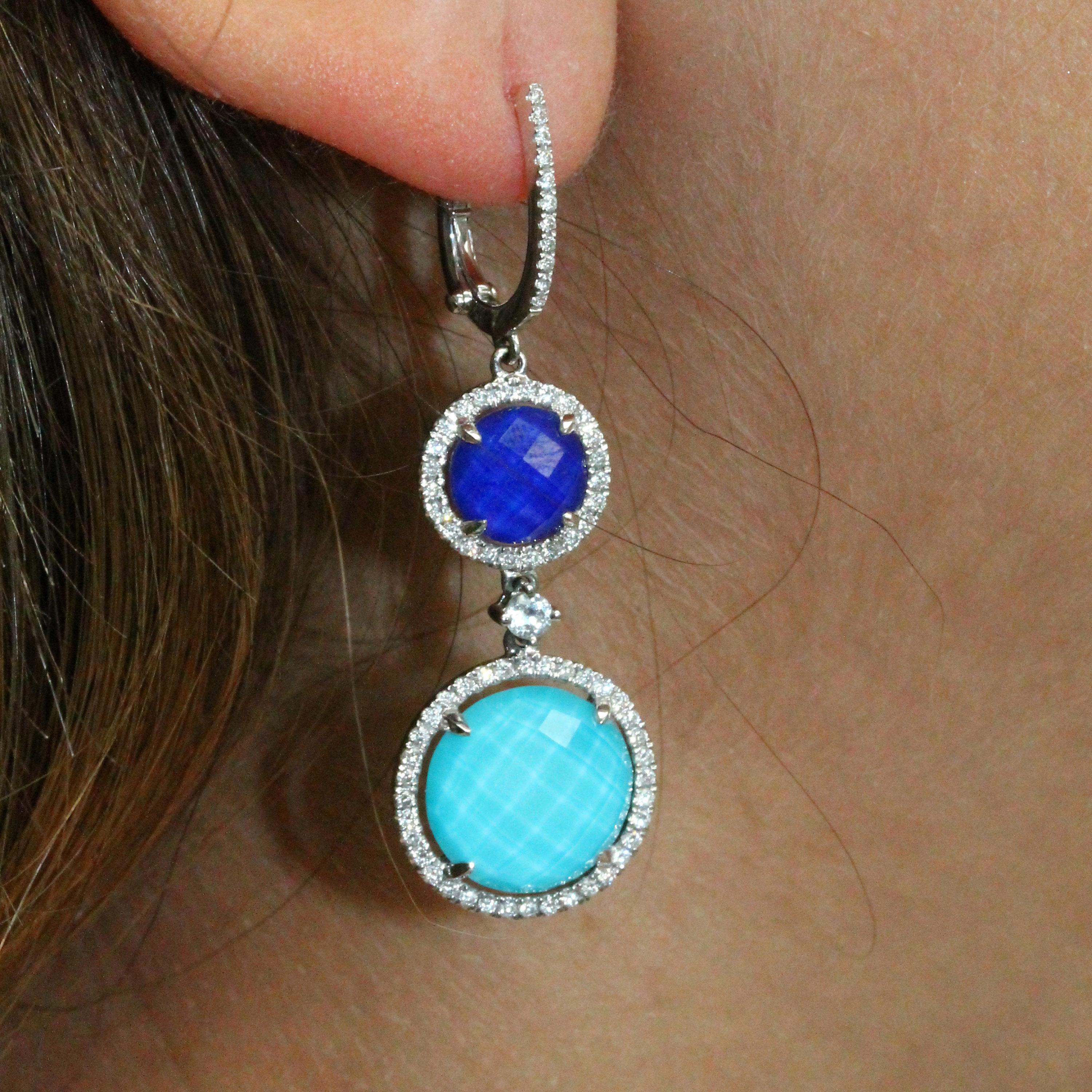 Contemporary 18k White Gold Drop Earrings with White Topaz, Turquoise Lapis Lazuli & Diamonds For Sale
