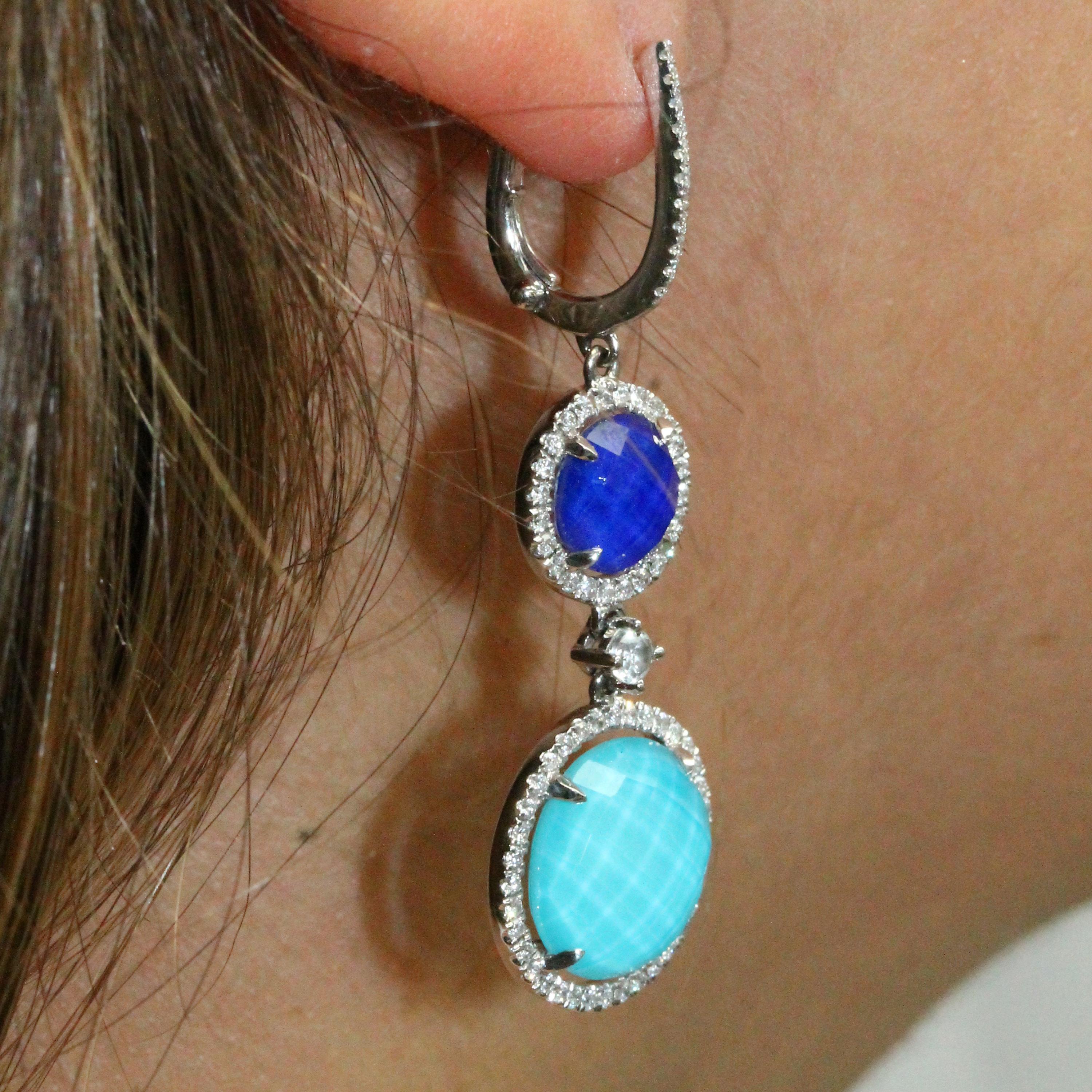 Round Cut 18k White Gold Drop Earrings with White Topaz, Turquoise Lapis Lazuli & Diamonds For Sale