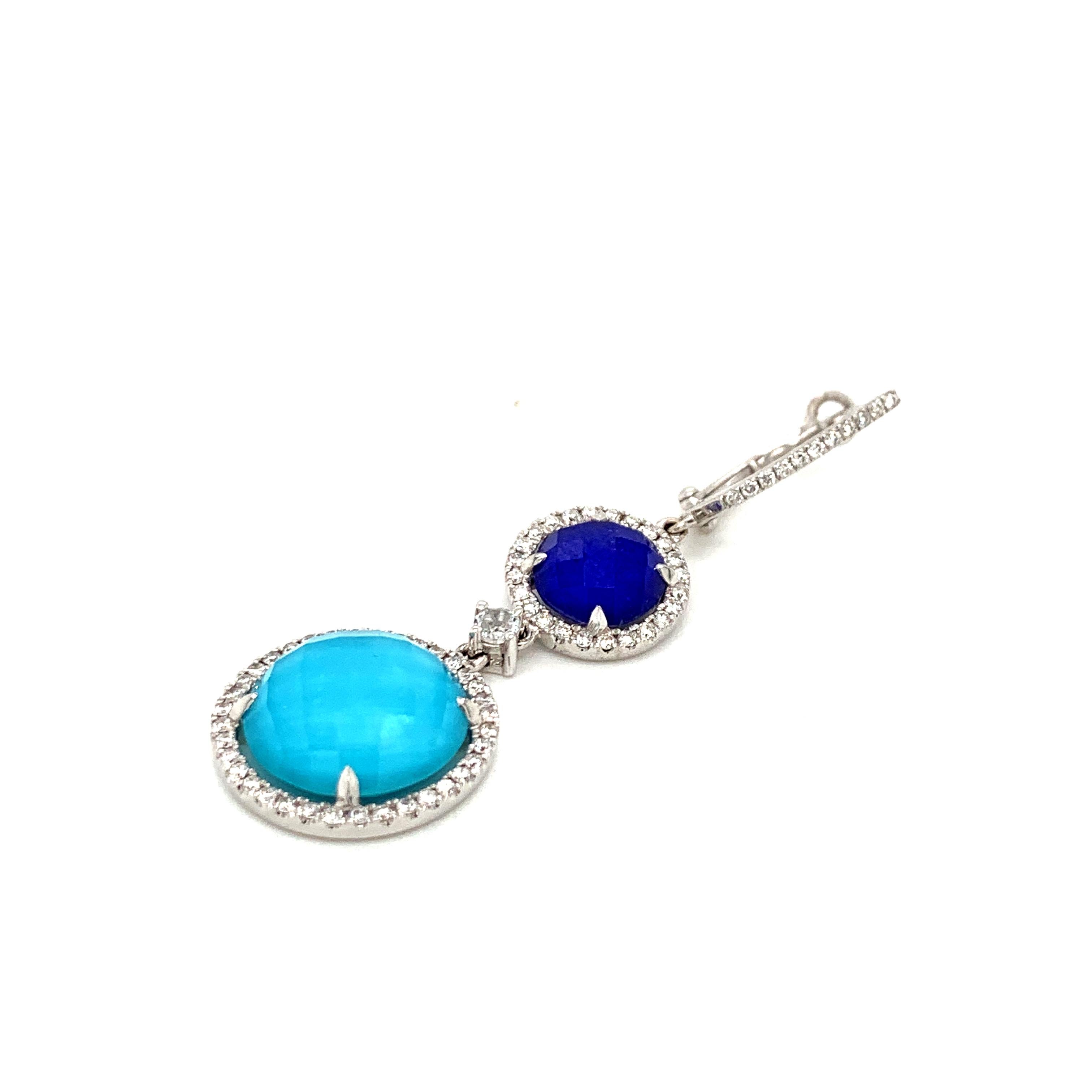 18k White Gold Drop Earrings with White Topaz, Turquoise Lapis Lazuli & Diamonds In New Condition For Sale In Great Neck, NY