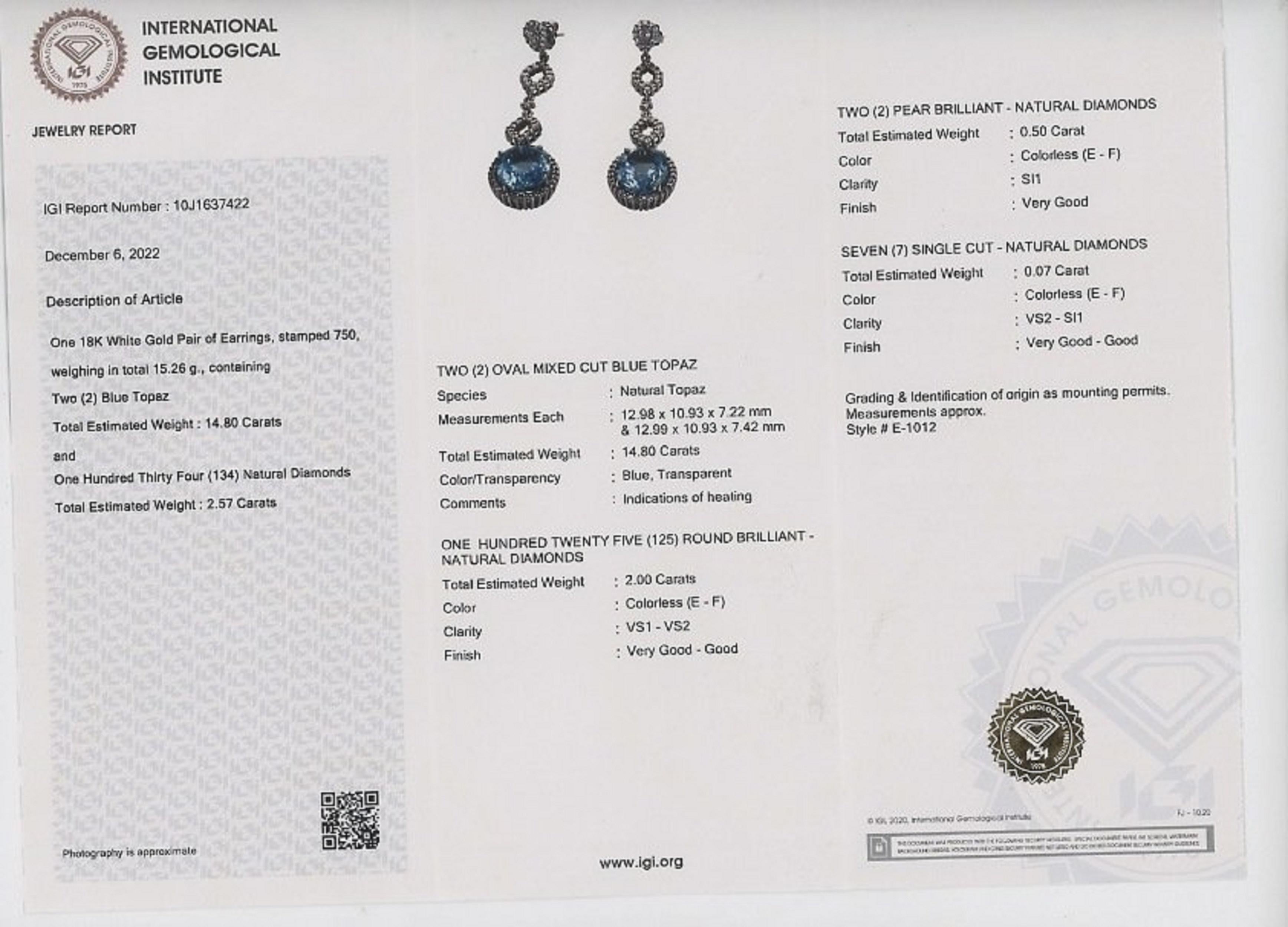 Oval Cut 18k White Gold Drop Earrings with 17.37 ct Natural Topaz and Diamonds IGI Cert For Sale