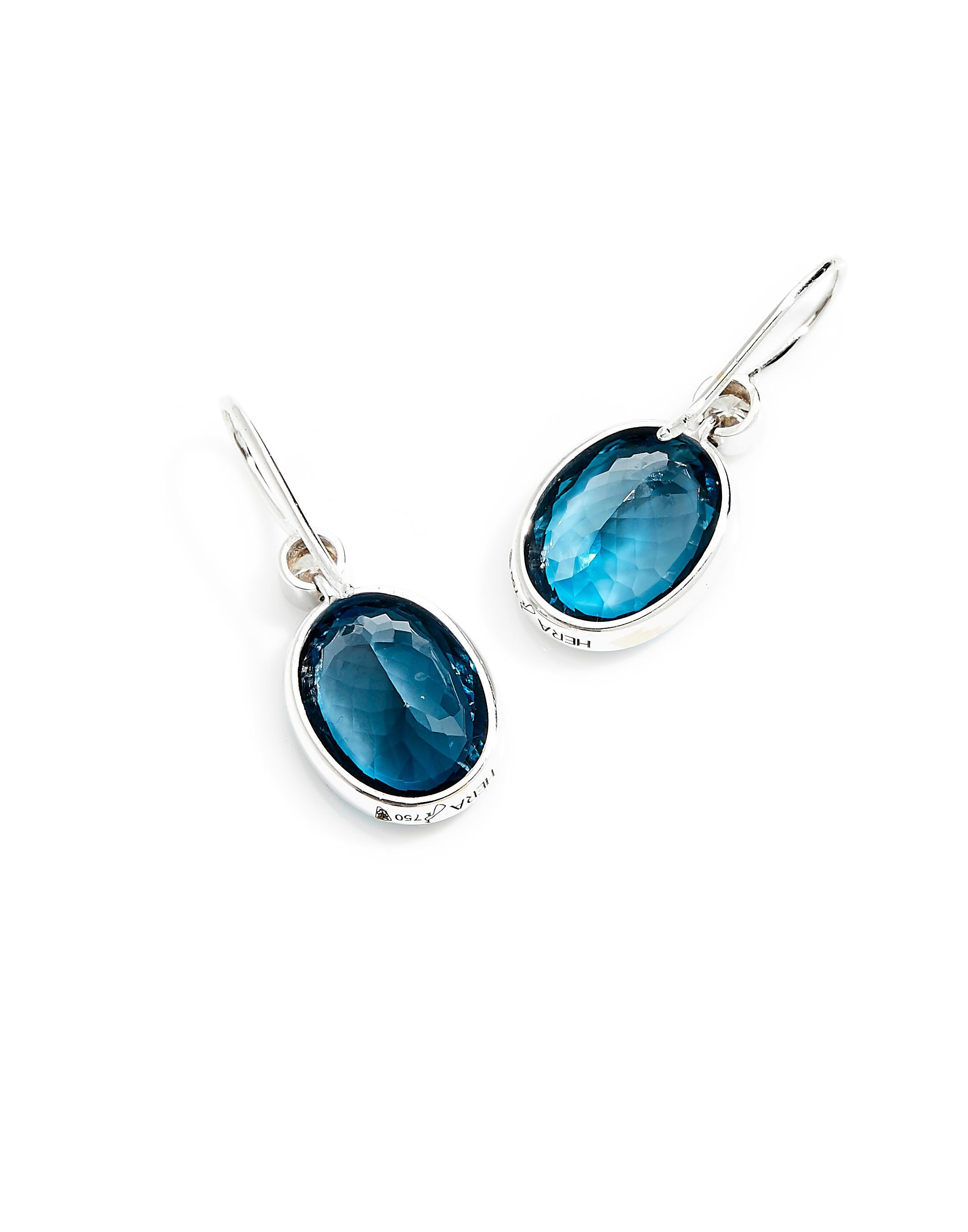 Contemporary 18 Karat White Gold Dangle Earrings Set with 18.62 Carat Blue Topaz and Diamonds For Sale