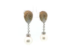 18K White Gold Drop Earrings with 2ct Round Diamonds 5ct Sapphire & 15MM Pearl