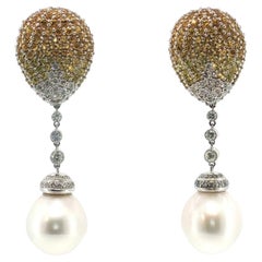 18K White Gold Drop Earrings with 2ct Round Diamonds 5ct Sapphire & 15MM Pearl
