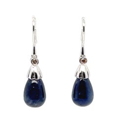 18K White Gold Drop Earrings with 4.00 Carats Cabochon Sapphires and Diamond Acc