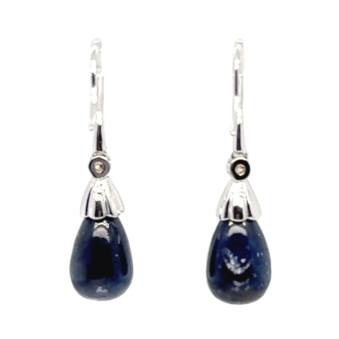 Taille cabochon Boucles d'oreilles pendantes en or blanc 18 carats avec saphirs cabochons de 4.00 carats et diamant Acc... en vente