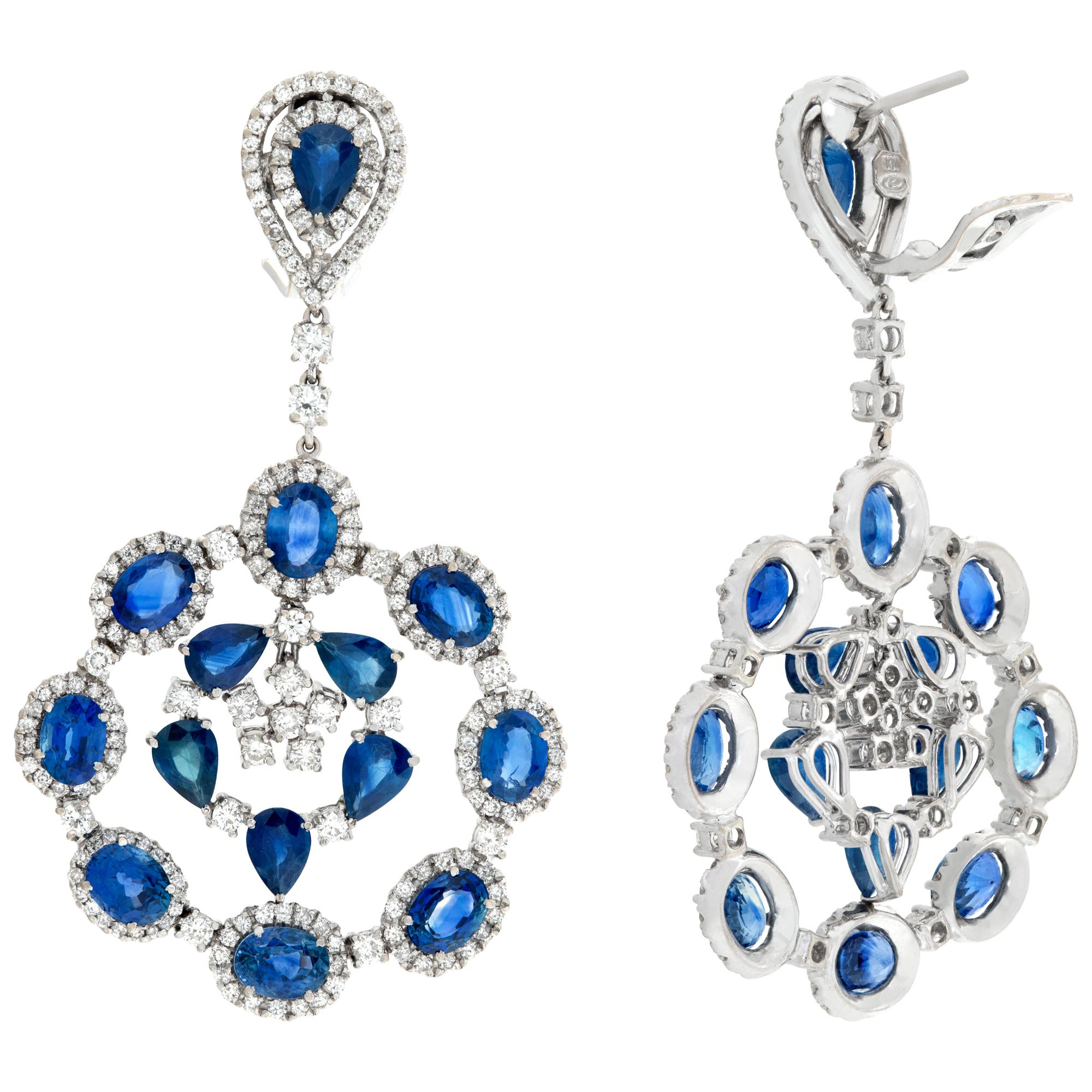 Women's 18k White Gold Drop Earrings with 6.71 Cts in Diamonds and 29.52 Cts in Sapphire