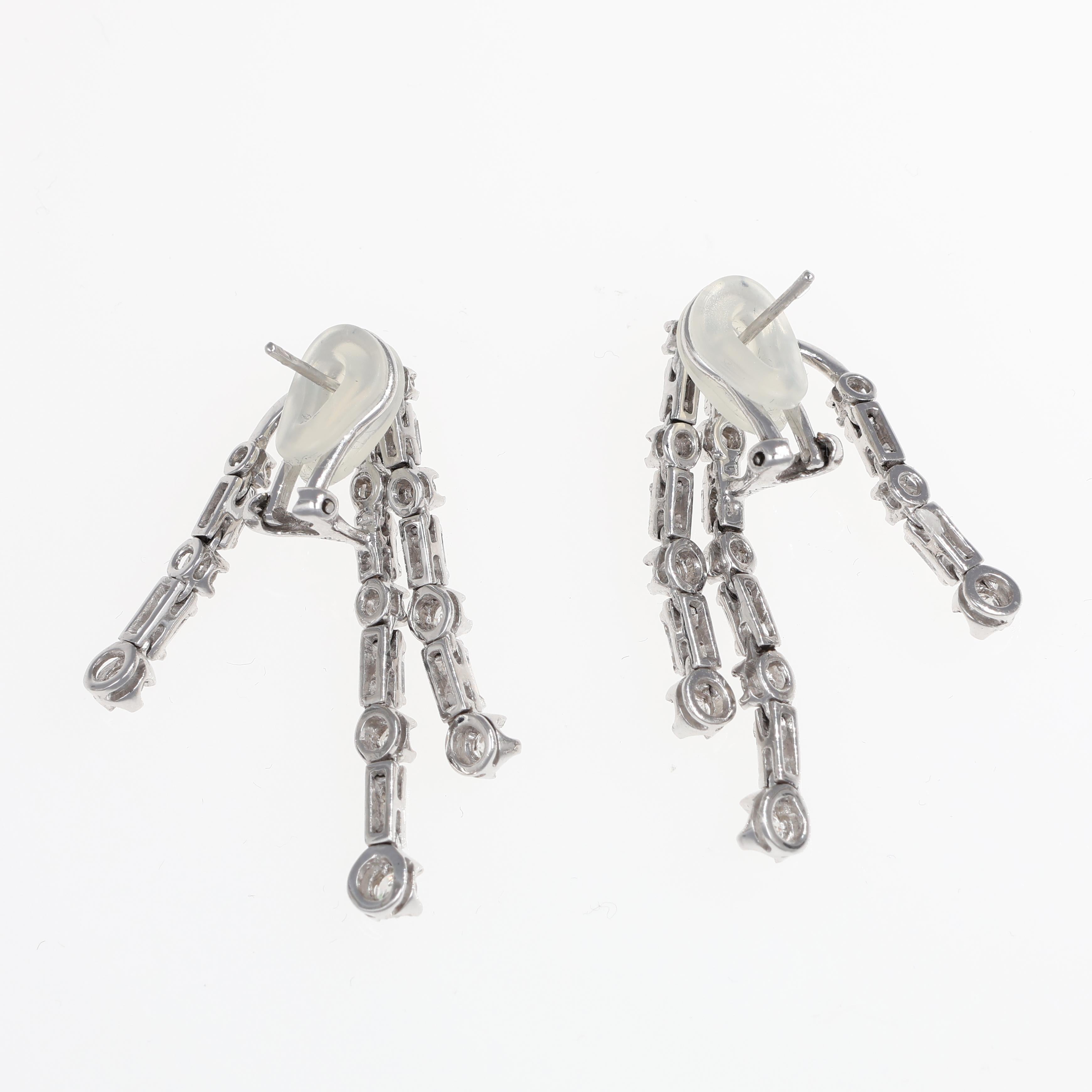 Brilliant Cut 18K White Gold Drop Earrings with Brilliant and Baguette-Cut Diamonds For Sale