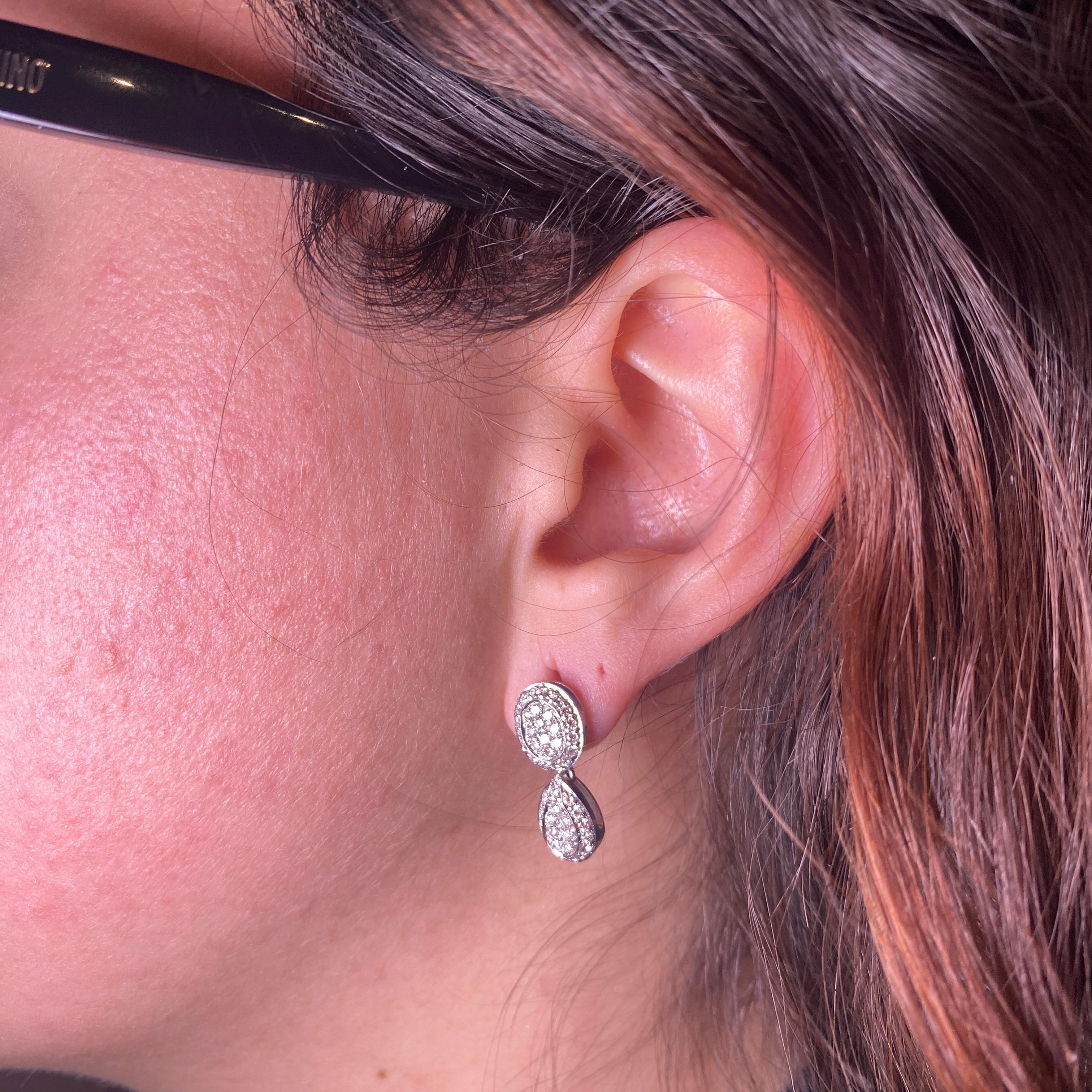 Women's or Men's 18K White Gold Drop Earrings with Diamond Pavé For Sale