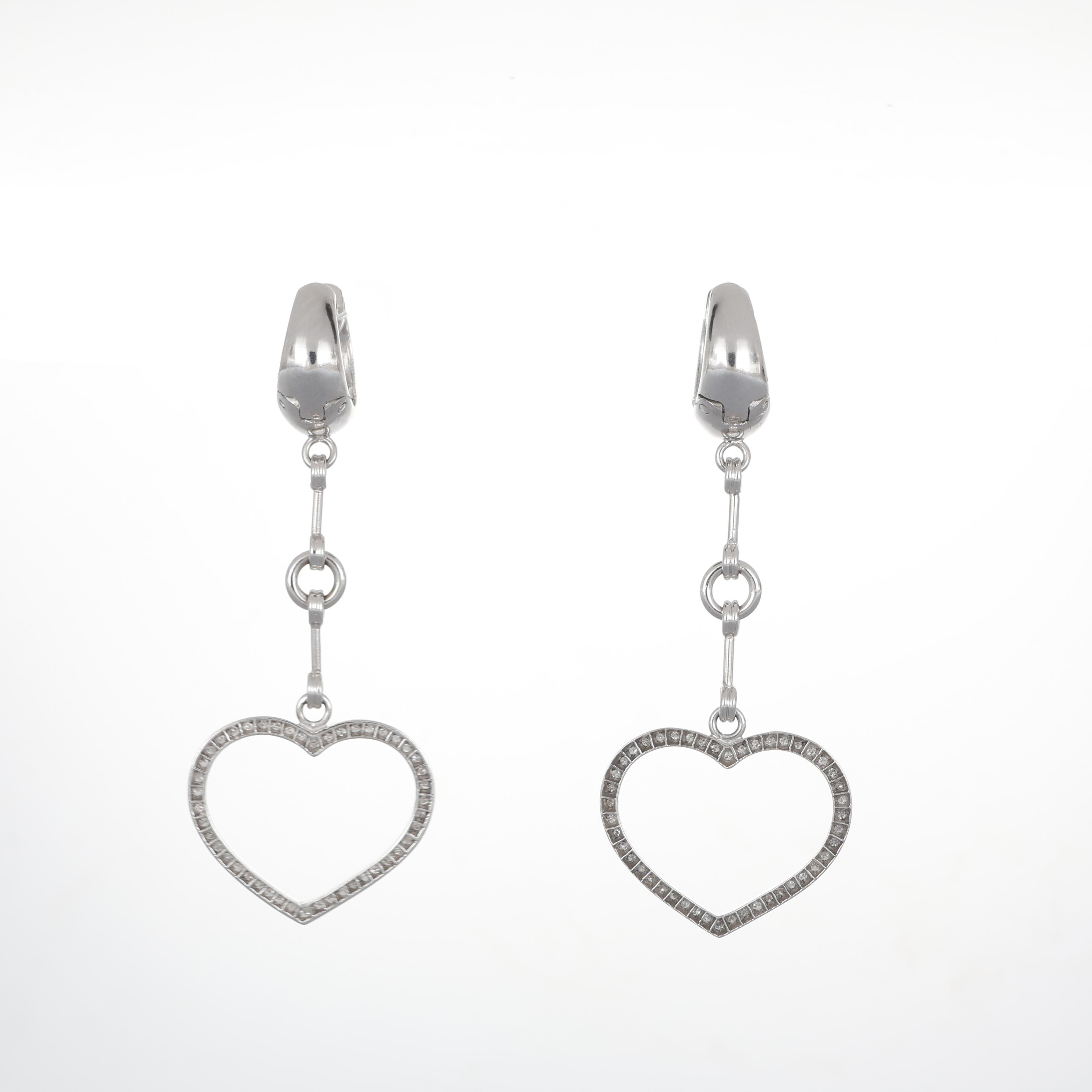 Brilliant Cut 18K White Gold Drop Earrings with Diamond Pavé Heart For Sale