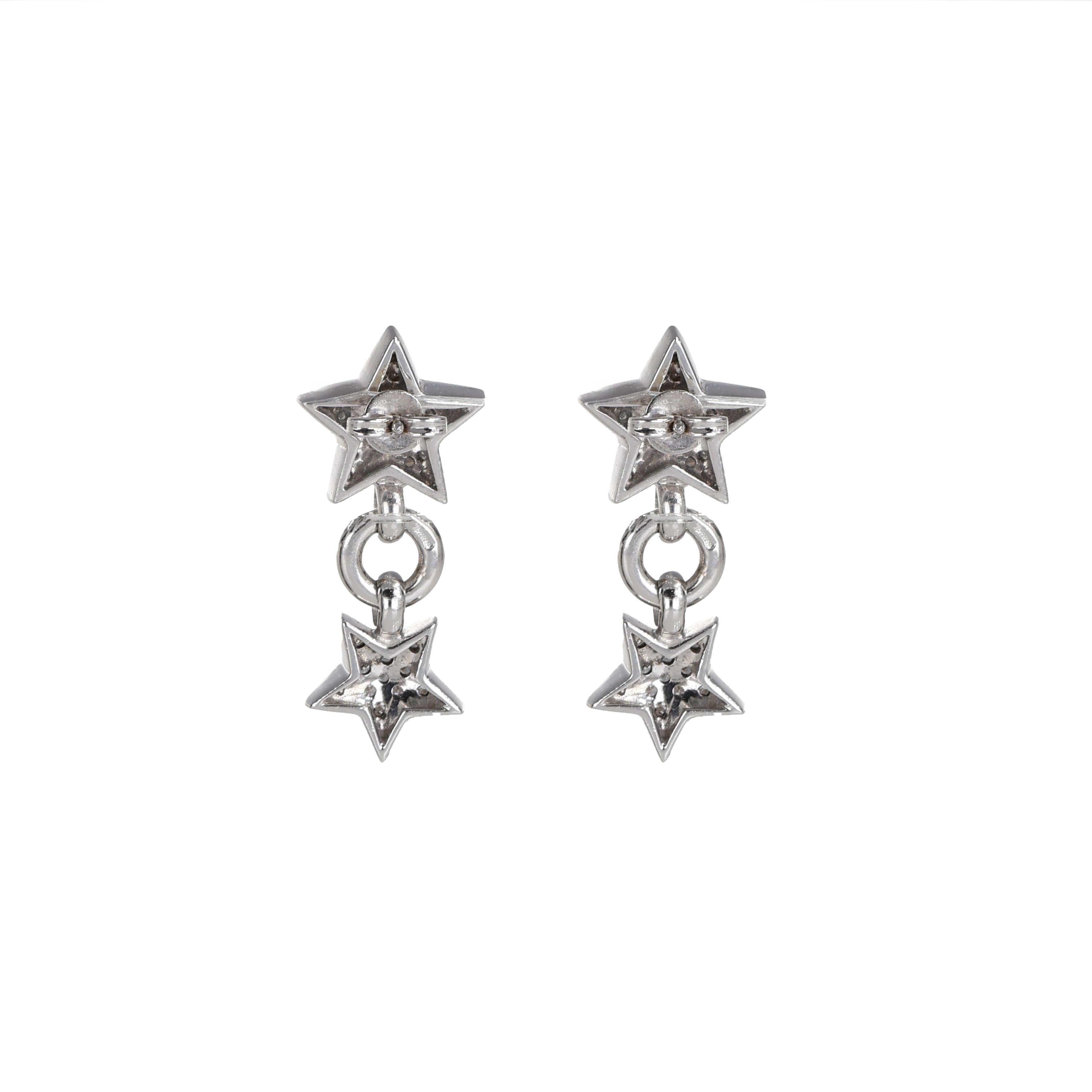 Brilliant Cut 18K White Gold Drop Earrings with Diamond Pavé Stars For Sale