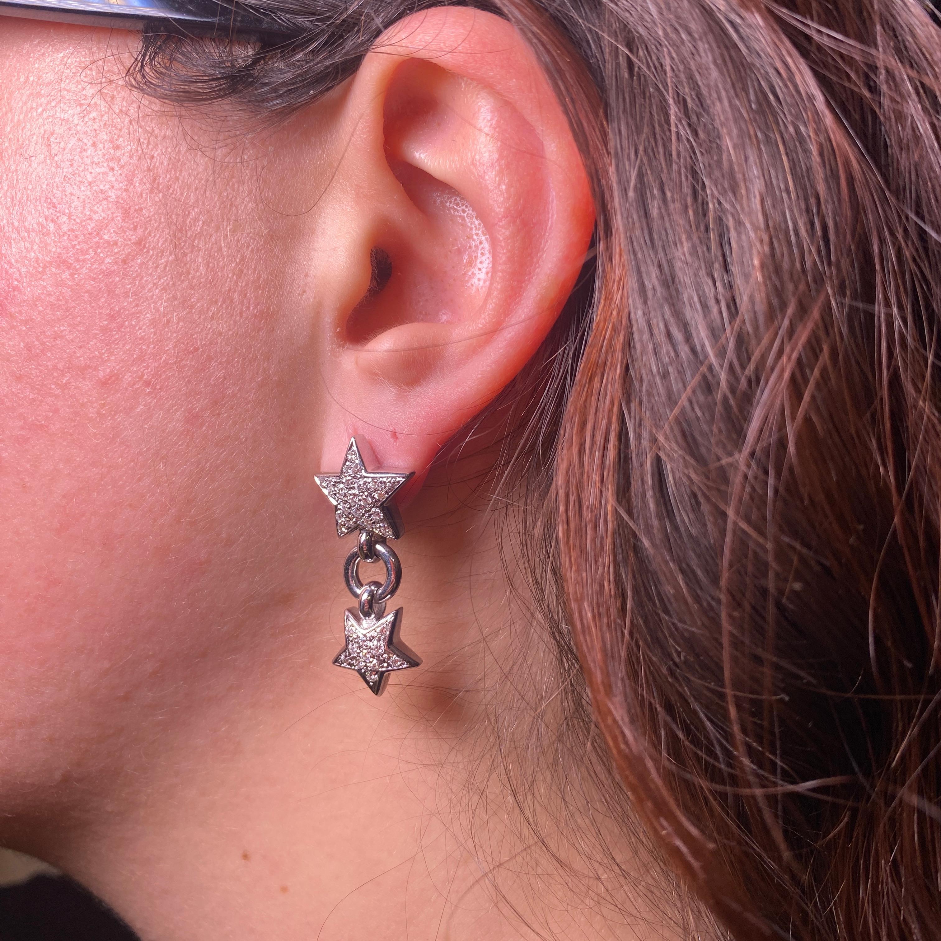 Women's or Men's 18K White Gold Drop Earrings with Diamond Pavé Stars For Sale