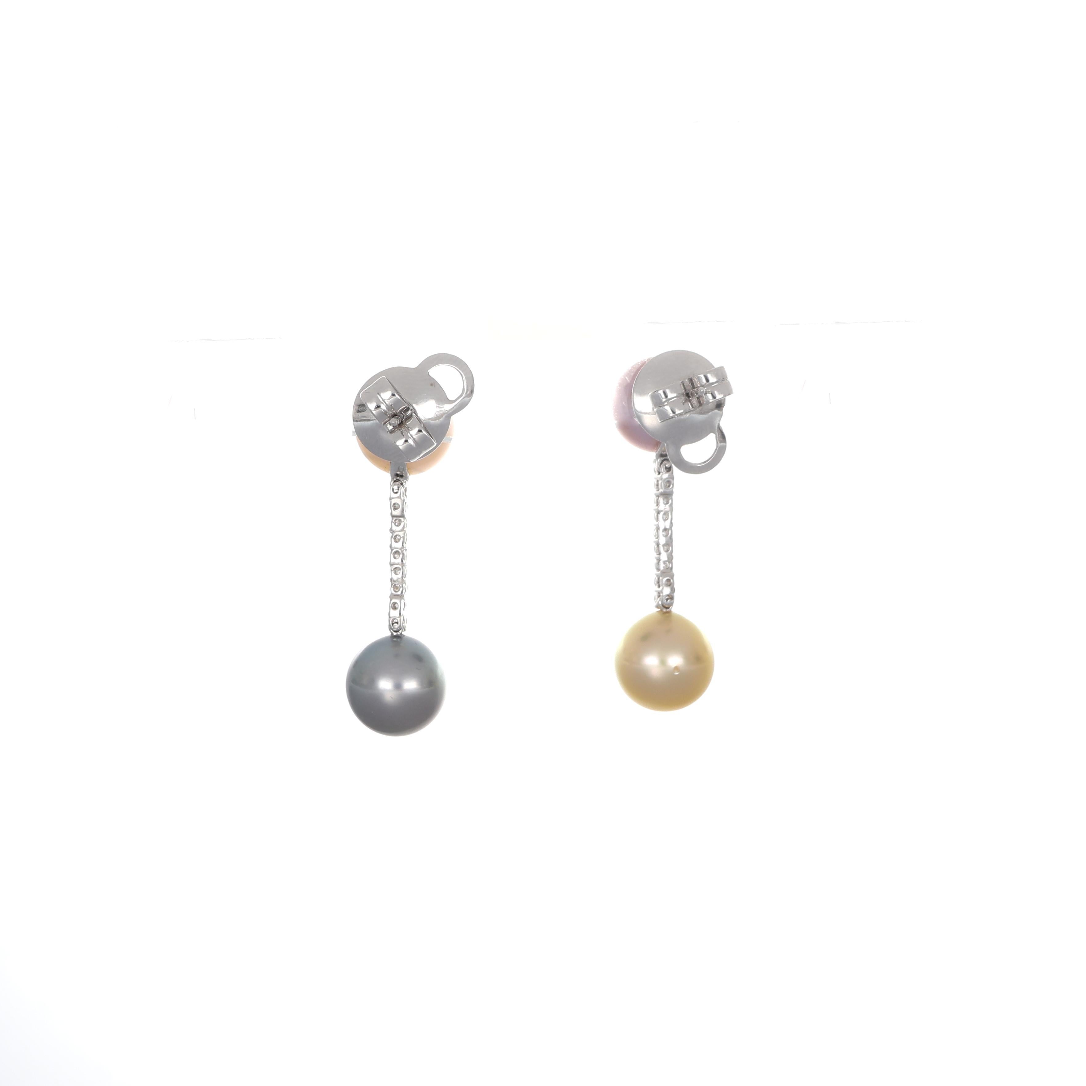 Brilliant Cut 18K White Gold Drop Earrings with Diamonds and Multicolor Pearls For Sale