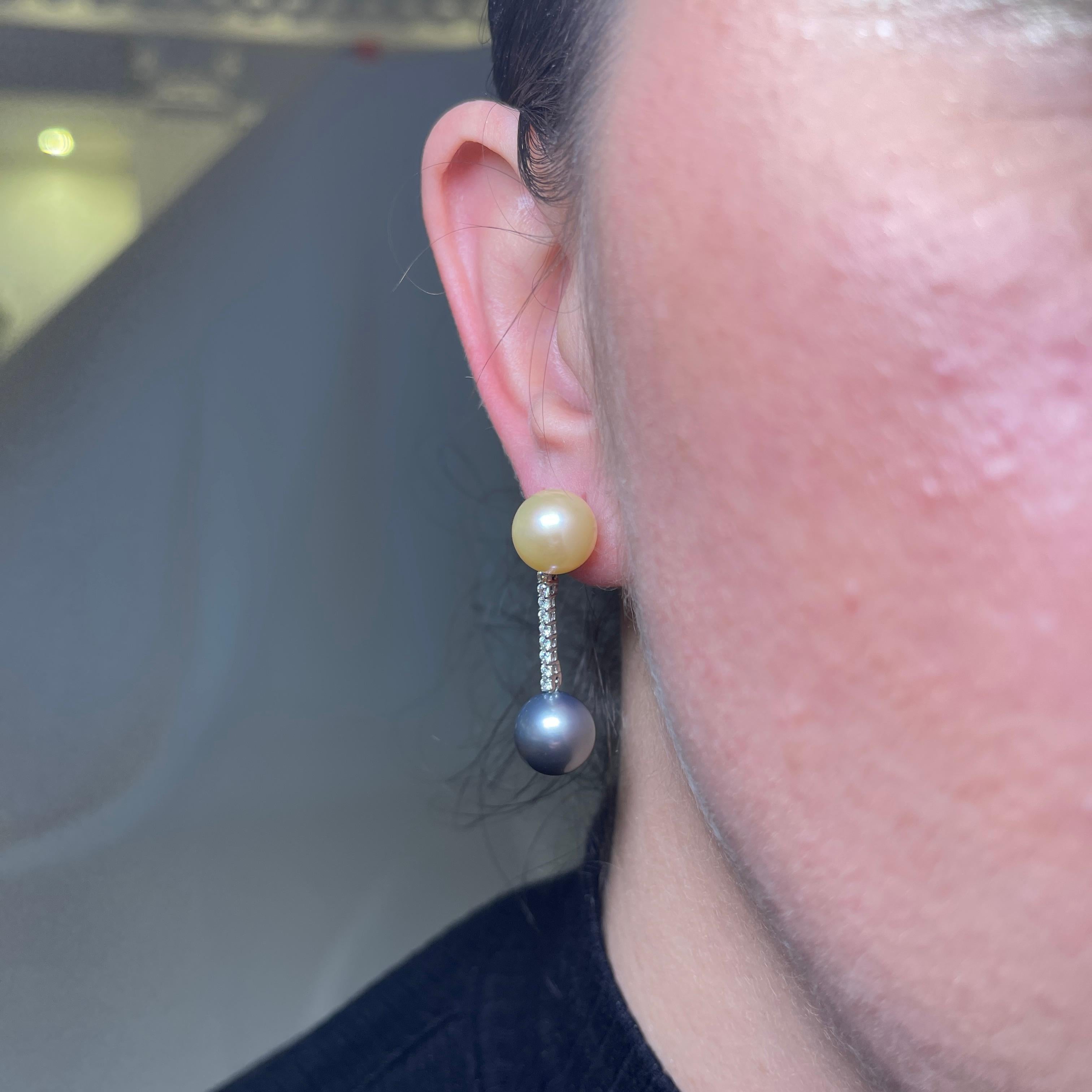 Women's or Men's 18K White Gold Drop Earrings with Diamonds and Multicolor Pearls For Sale