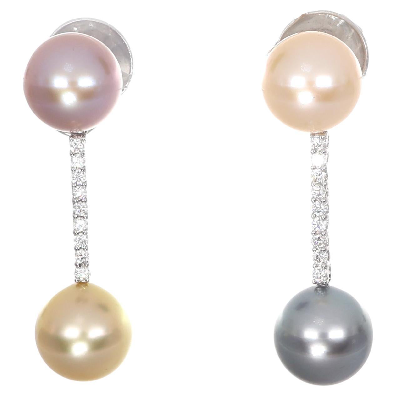 18K White Gold Drop Earrings with Diamonds and Multicolor Pearls For Sale